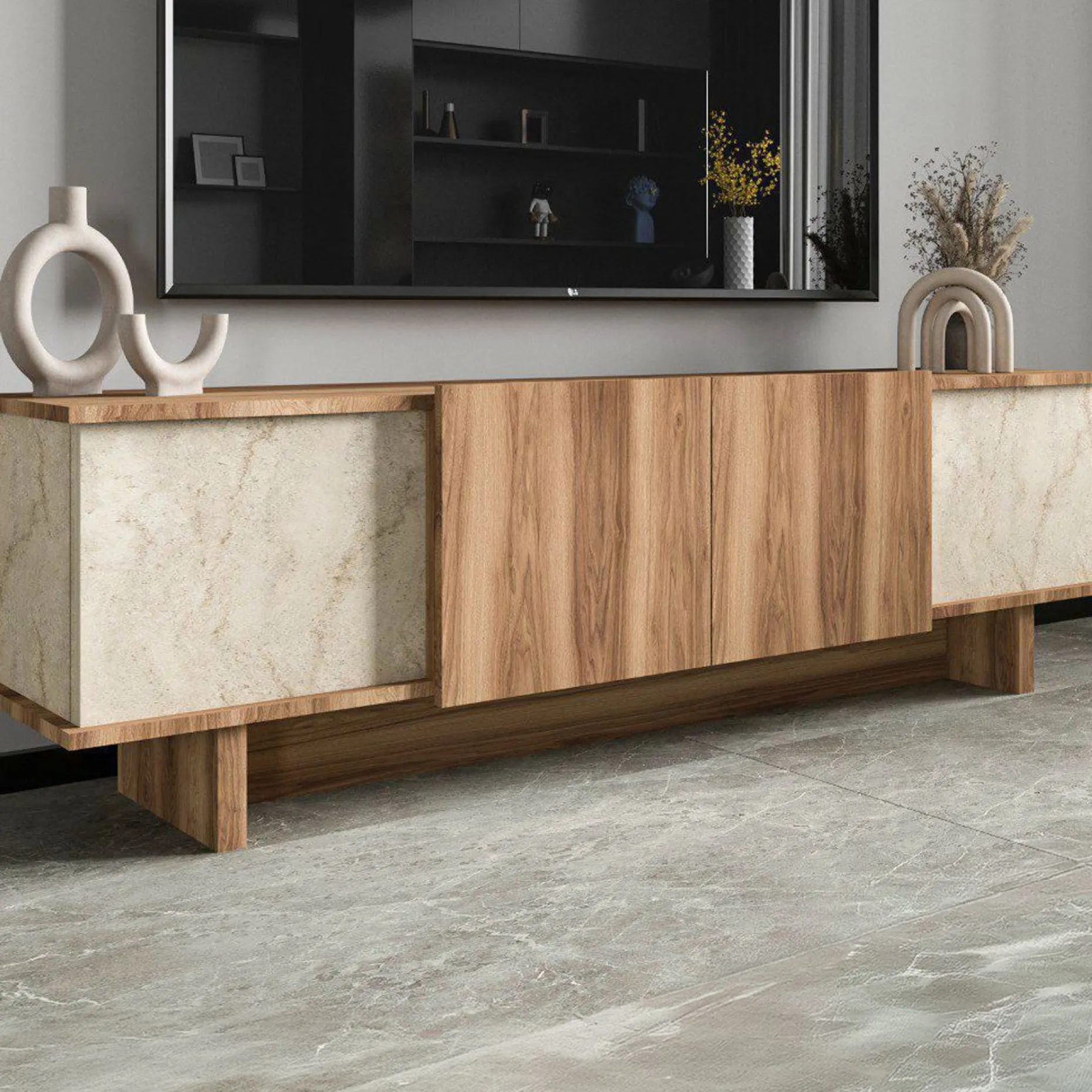 Lowboard Diana - 100% MELAMINE - Travertin - 180 x 50 x 33 cm