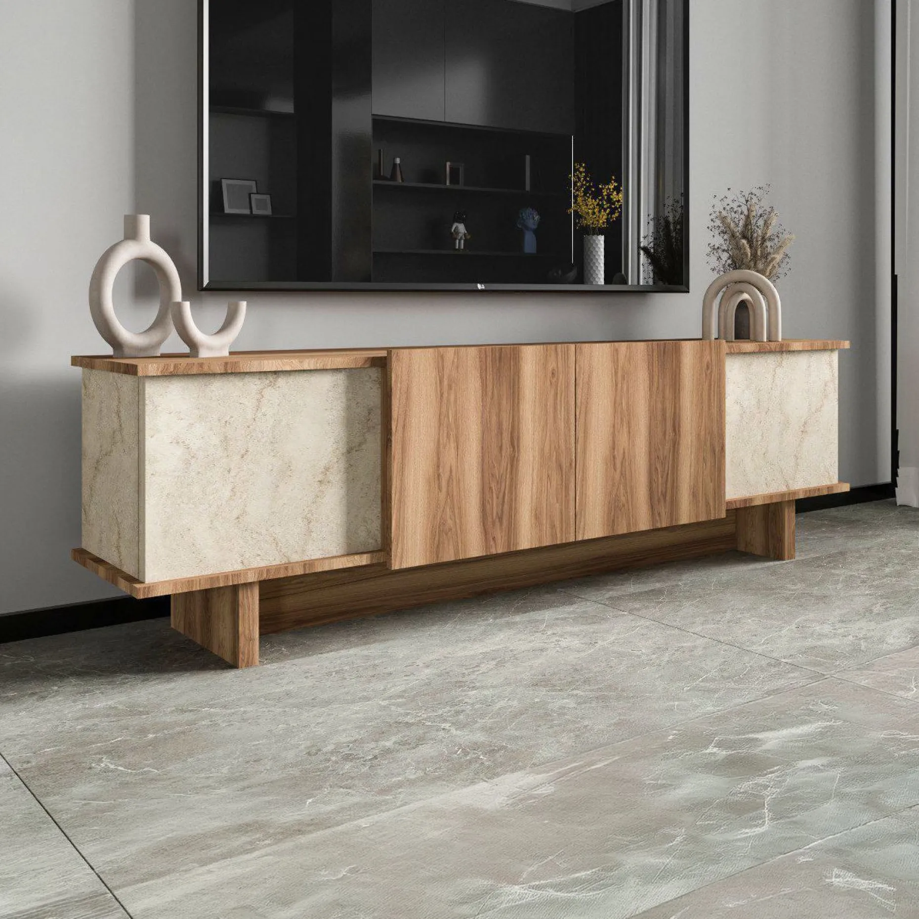 Lowboard Diana - 100% MELAMINE - Travertin - 180 x 50 x 33 cm