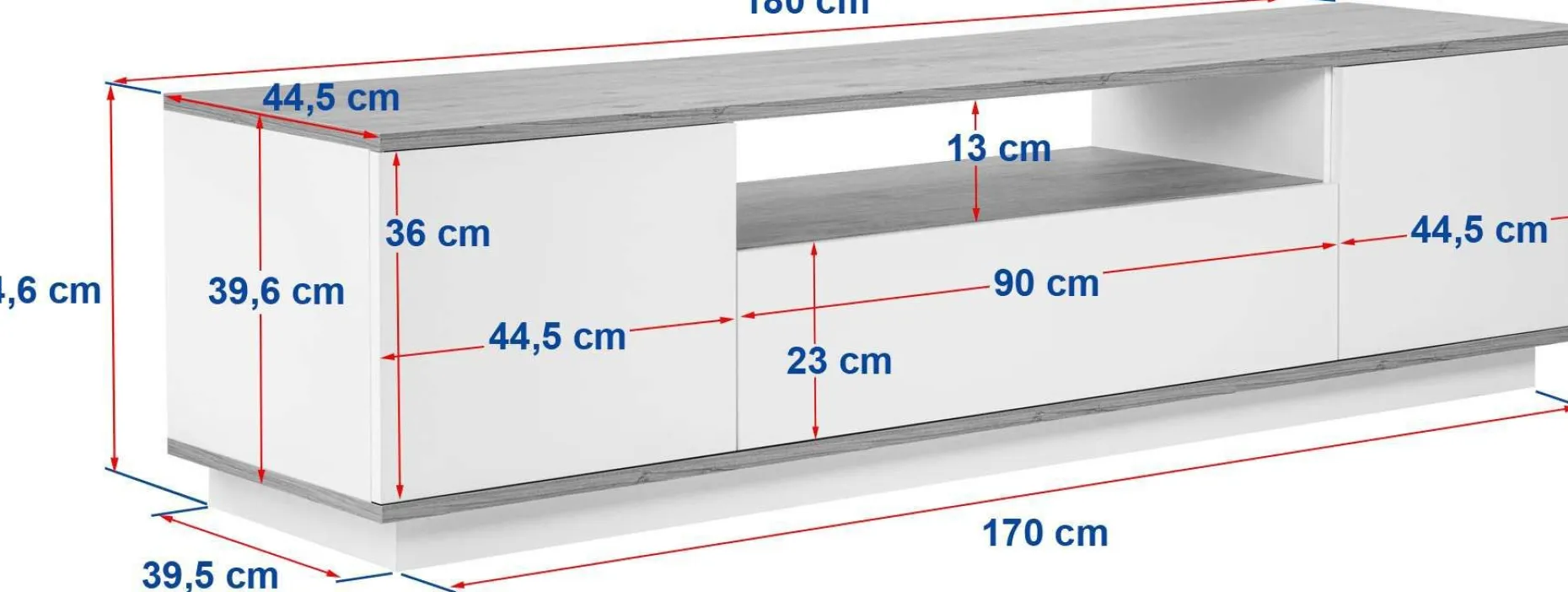 Lowboard Veramont - 100% MELAMINE - Weiß - 180 x 44,6 x 44,5 cm