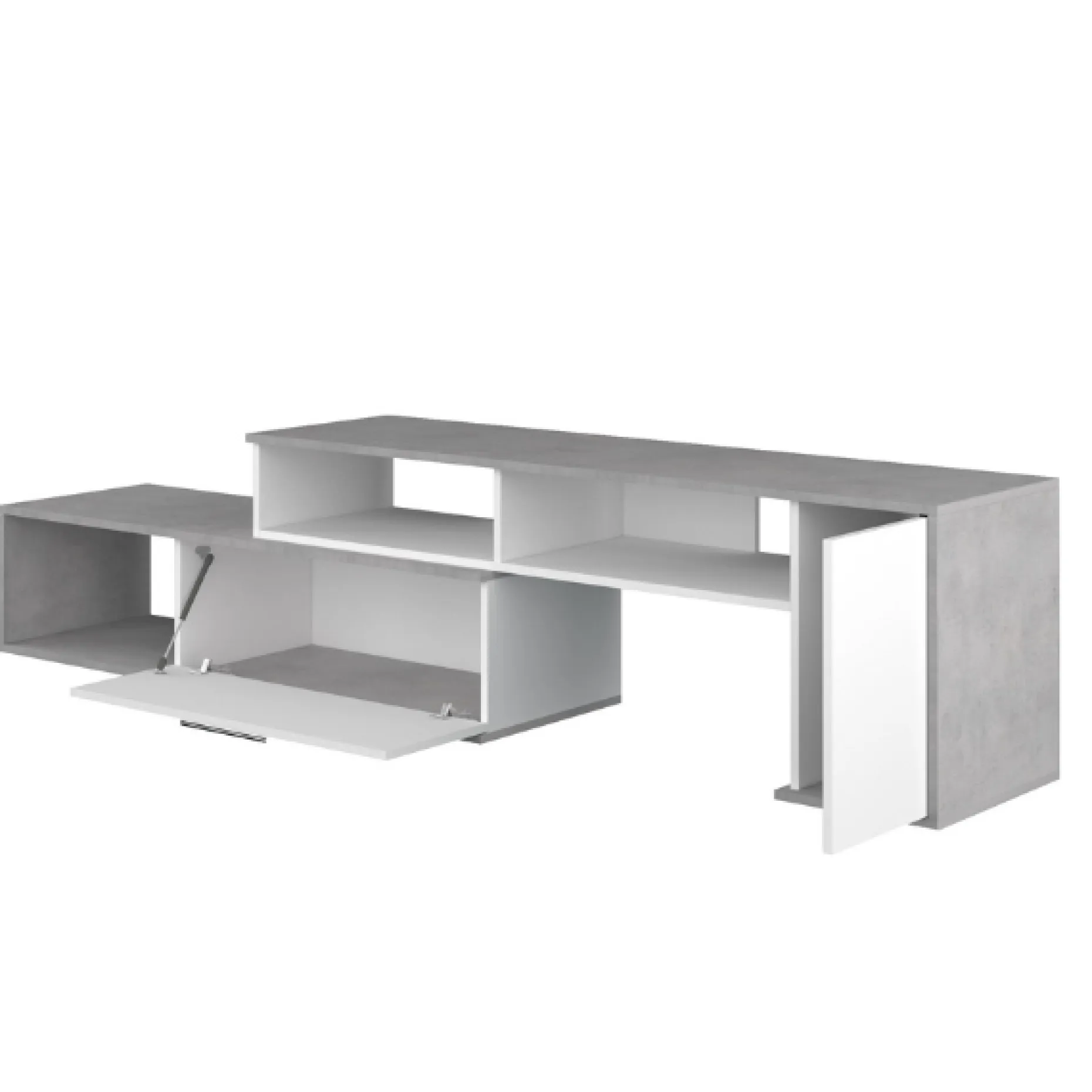 Lowboard Winn 170-250 cm mit 2 Klappen und 4 Fächern - Beton/ weiß