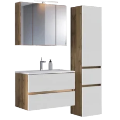 Held LunaBadezimmer : Spiegelschrank, Waschbeckenschrank, Säulenschrank - Weiß/Eiche Dekor