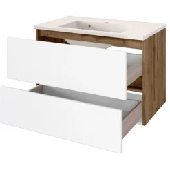 Held LunaBadezimmer : Spiegelschrank, Waschbeckenschrank, Säulenschrank - Weiß/Eiche Dekor