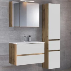 Held LunaBadezimmer : Spiegelschrank, Waschbeckenschrank, Säulenschrank - Weiß/Eiche Dekor