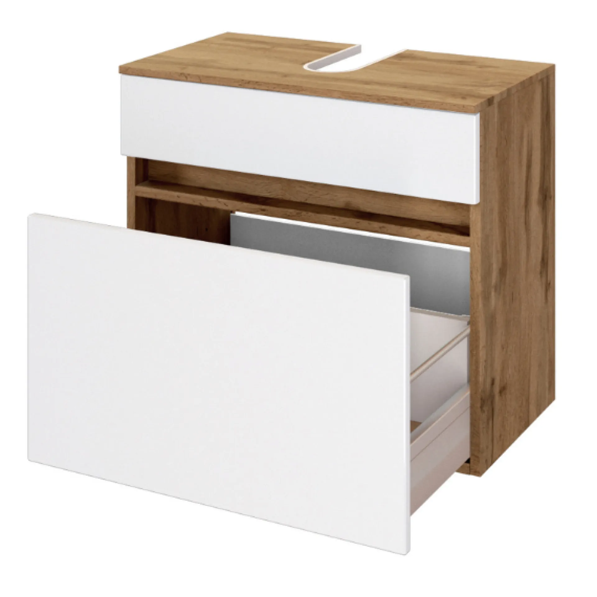 Held LunaBadezimmer : Spiegelschrank, Waschbeckenunterschrank, Säulenschrank - Weiß/Eiche Dekor