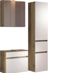 Held LunaBadezimmer : Spiegelschrank, Waschbeckenunterschrank, Säulenschrank - Weiß/Eiche Dekor