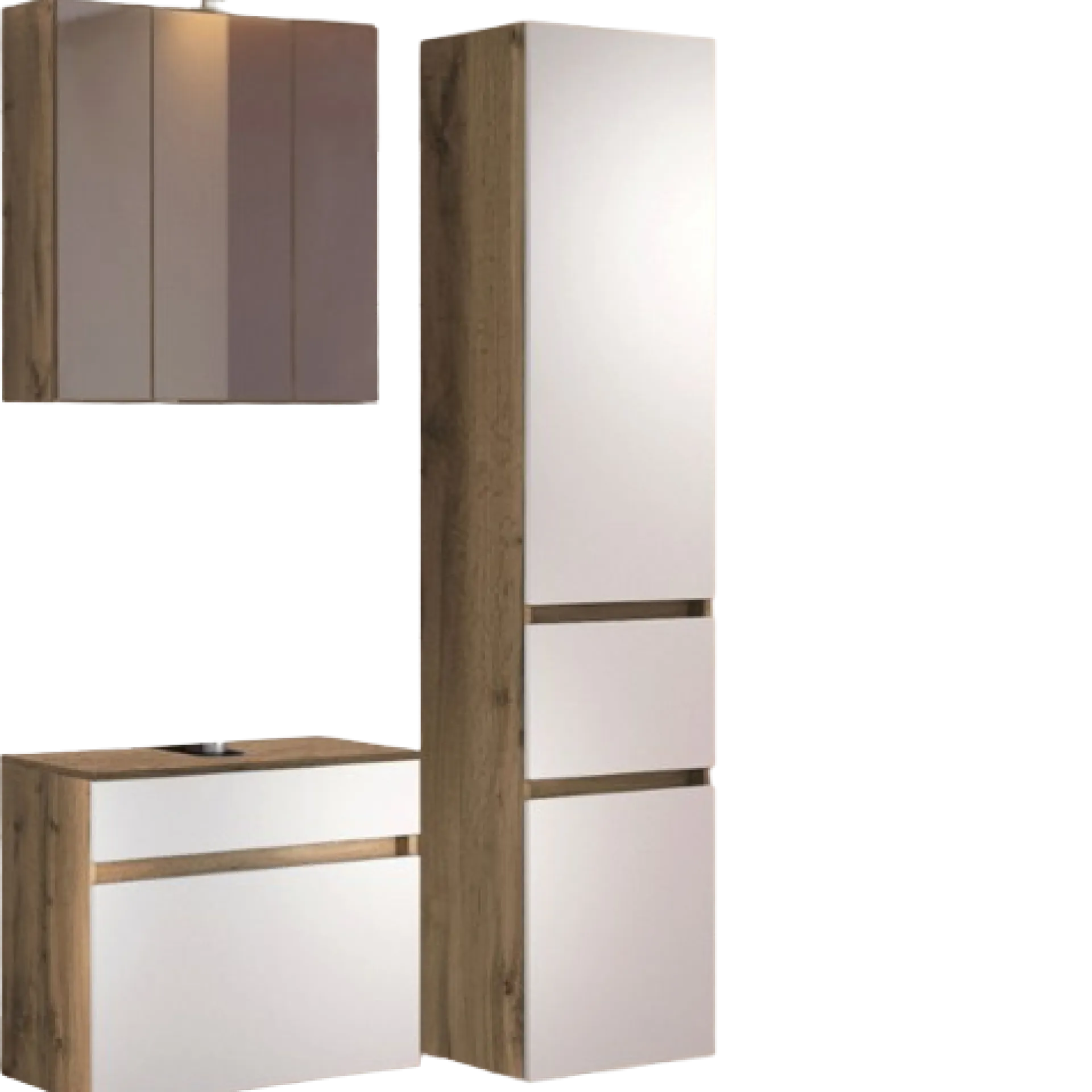 Held LunaBadezimmer : Spiegelschrank, Waschbeckenunterschrank, Säulenschrank - Weiß/Eiche Dekor