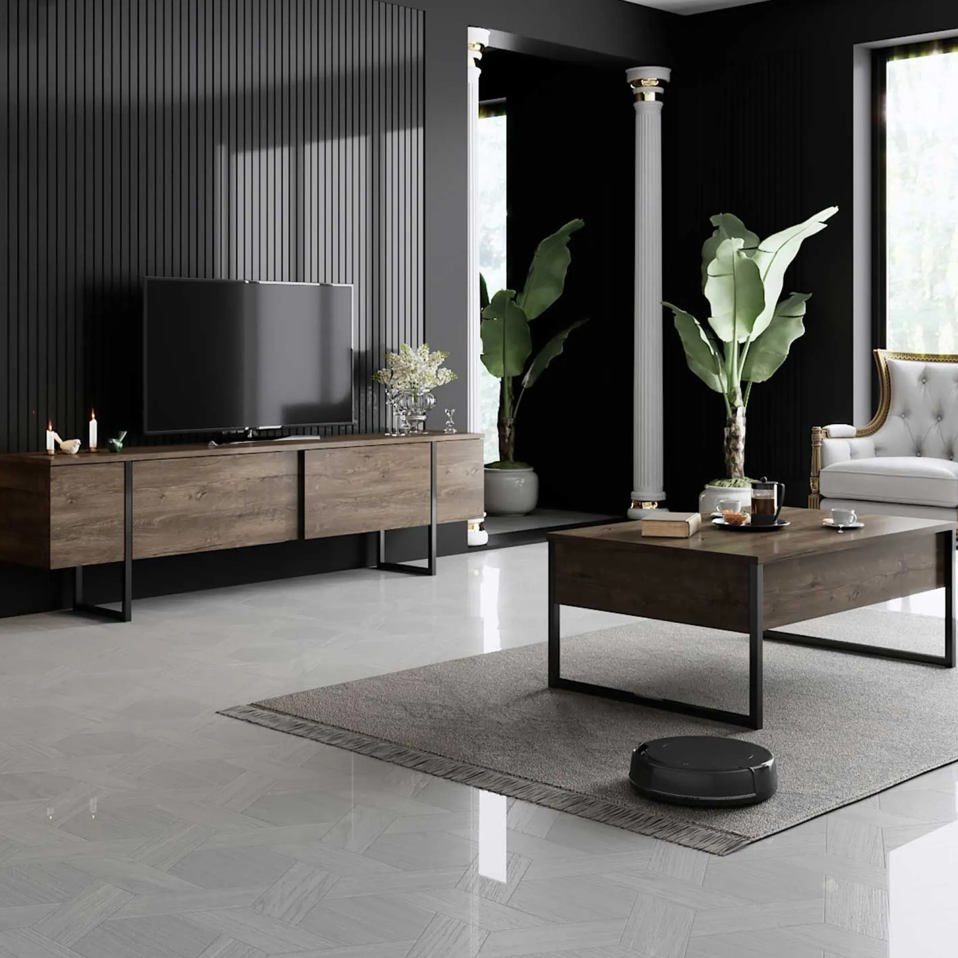 Emob Luxe C Couchtisch | 100 % MELAMIN | Walnuss, Schwarz