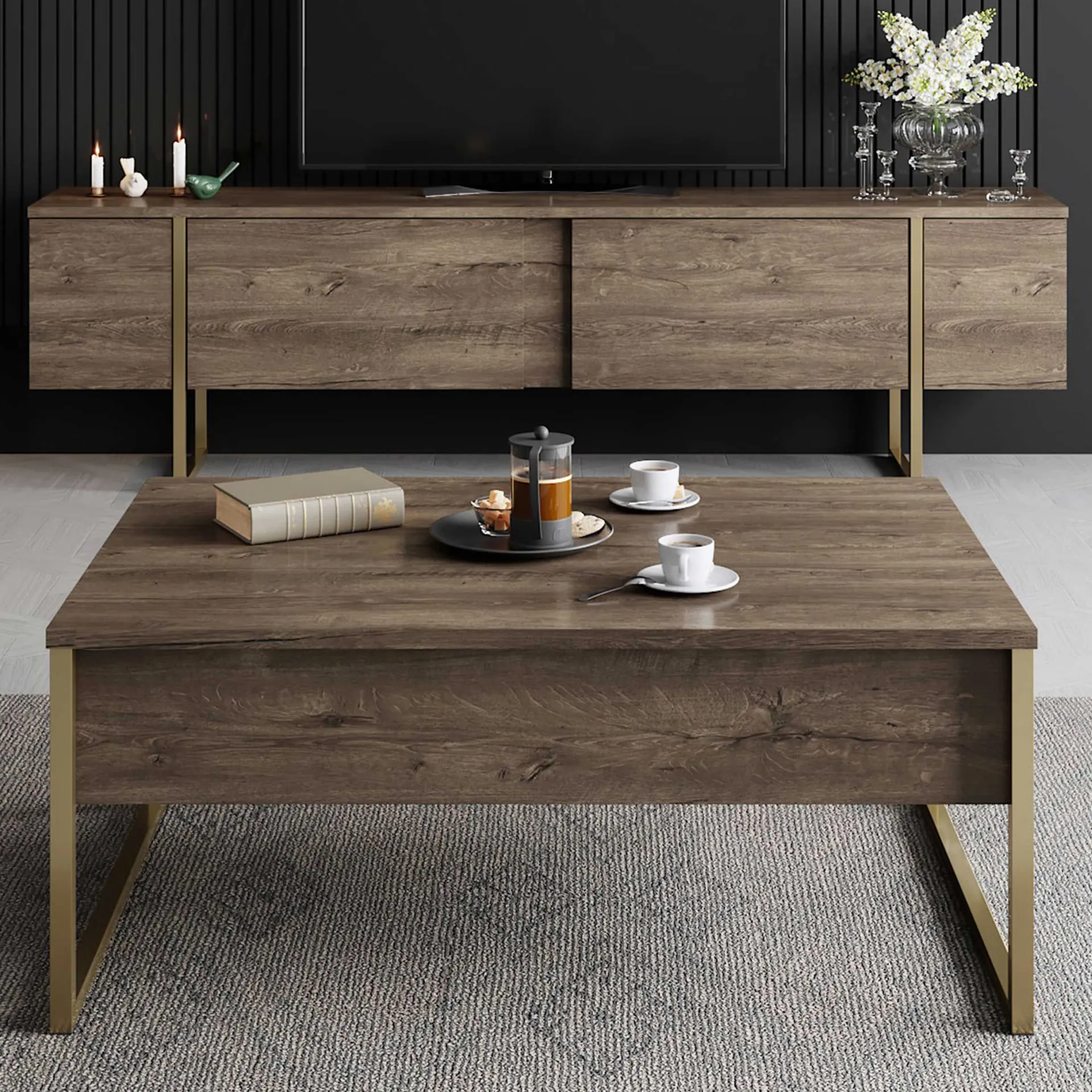 Emob Luxe C Couchtisch | 100 % MELAMIN | Walnuss, Gold