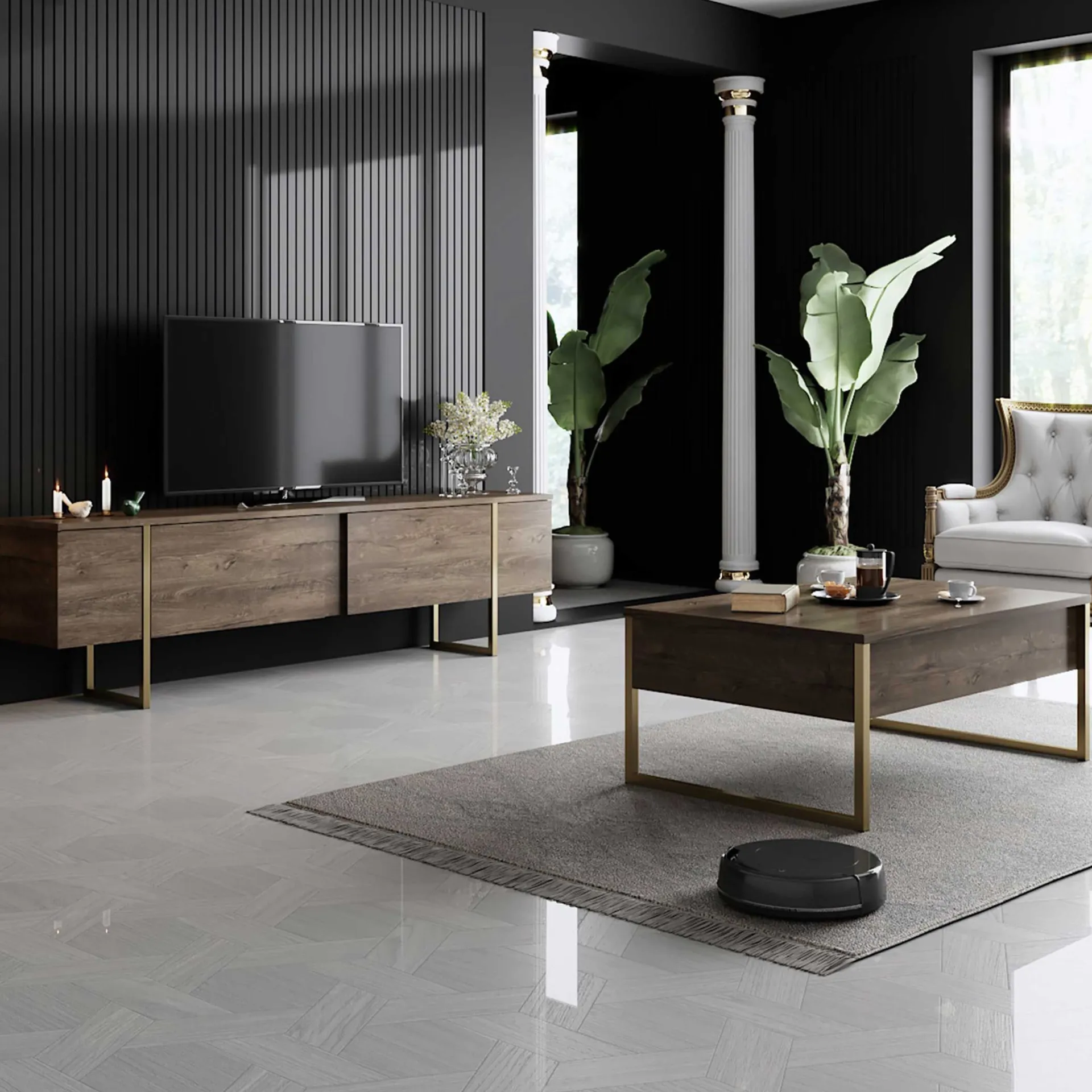 Emob Luxe C Couchtisch | 100 % MELAMIN | Walnuss, Gold