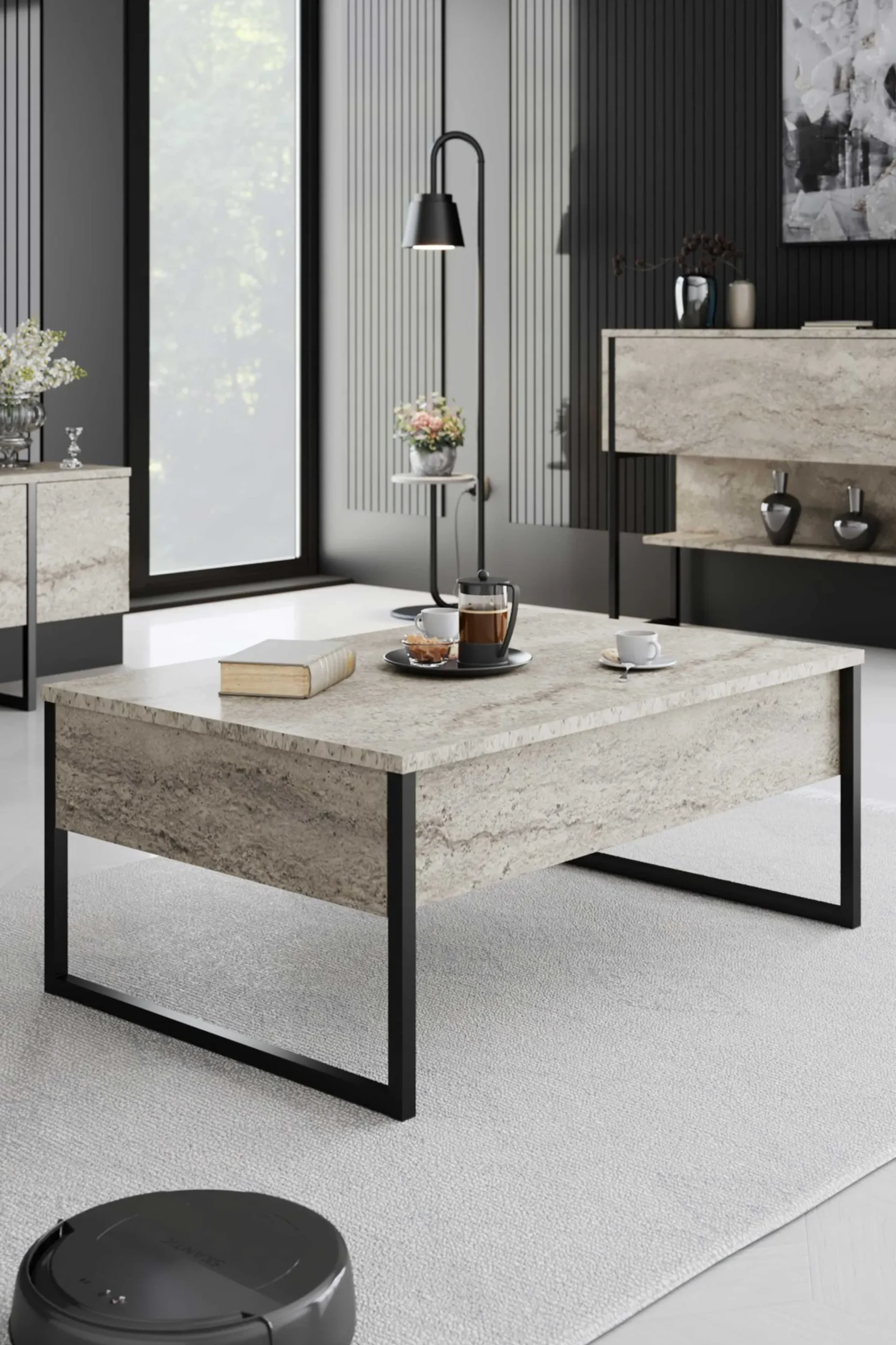 Emob Luxe Couchtisch | 100 % MELAMIN | Travertin, Schwarz