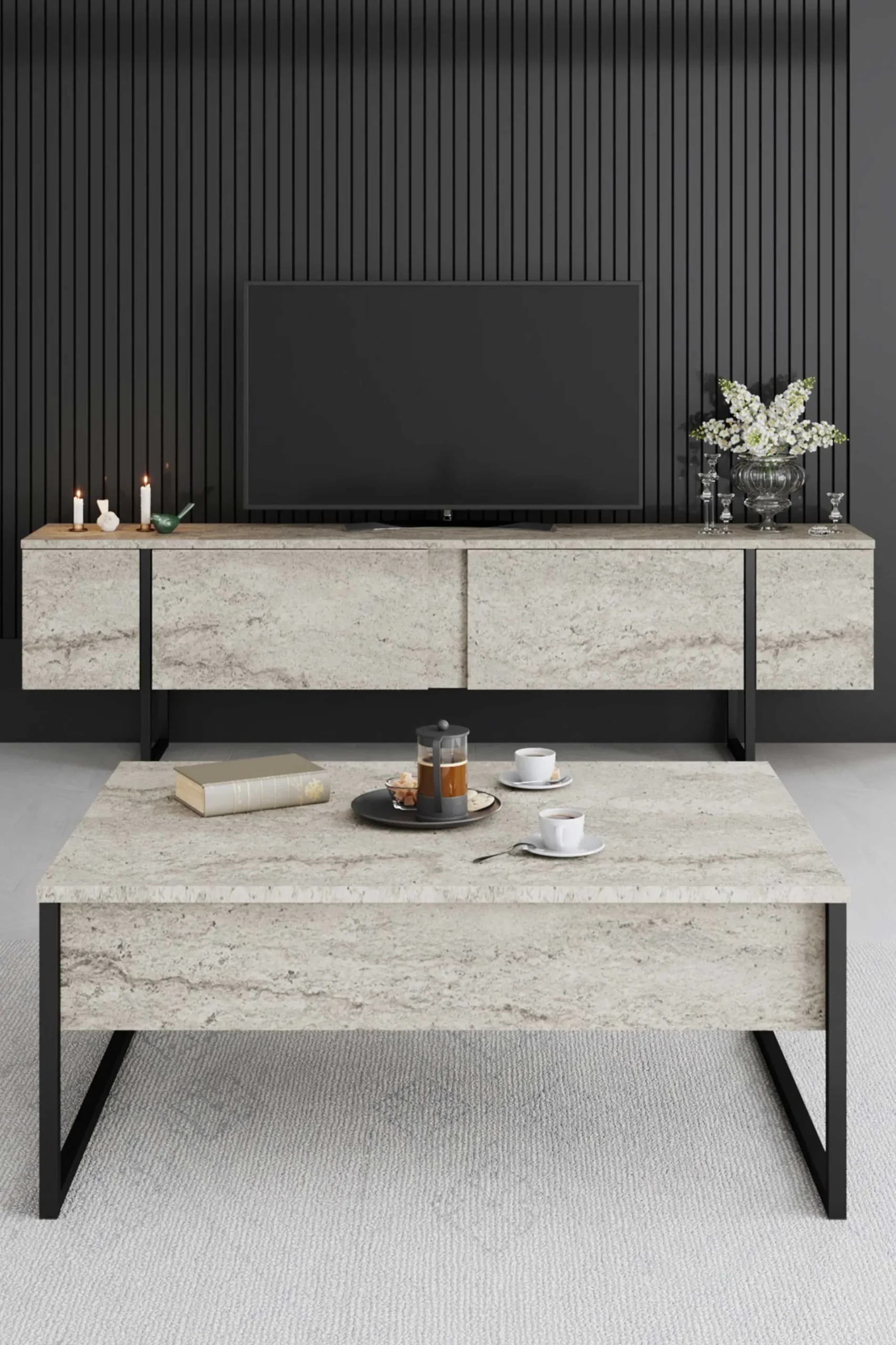 Emob Luxe Couchtisch | 100 % MELAMIN | Travertin, Schwarz