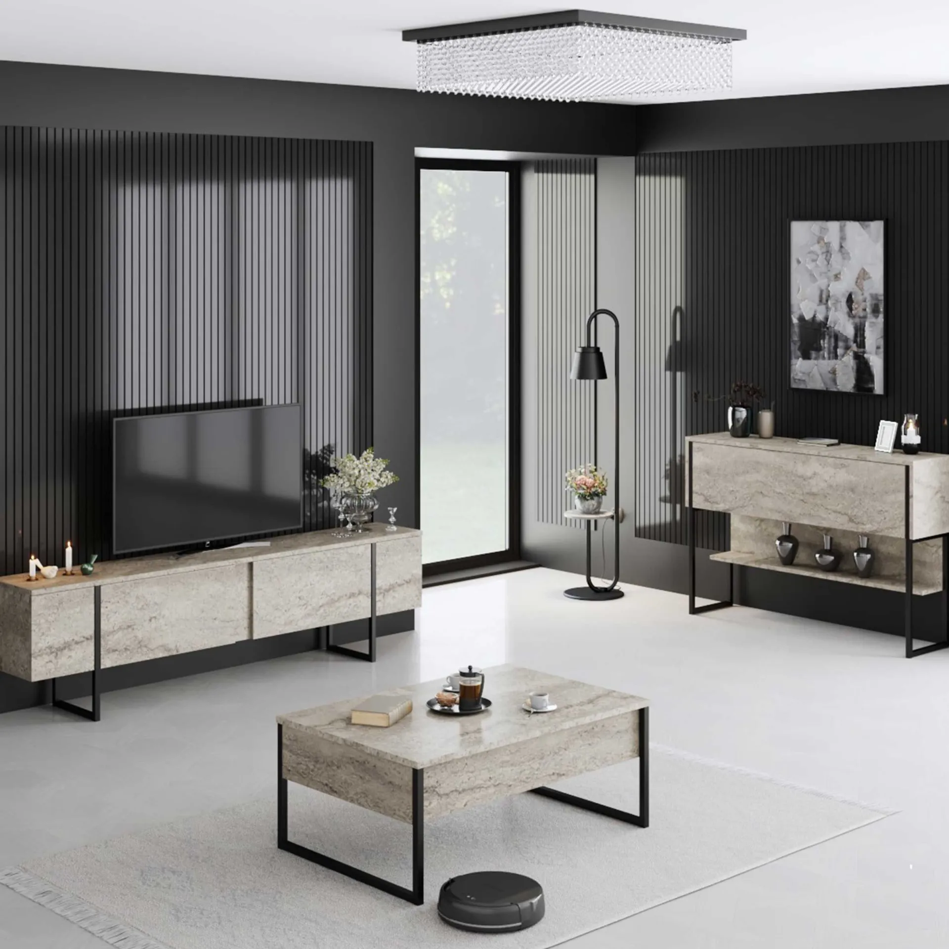 Emob Luxe Couchtisch | 100 % MELAMIN | Travertin, Schwarz