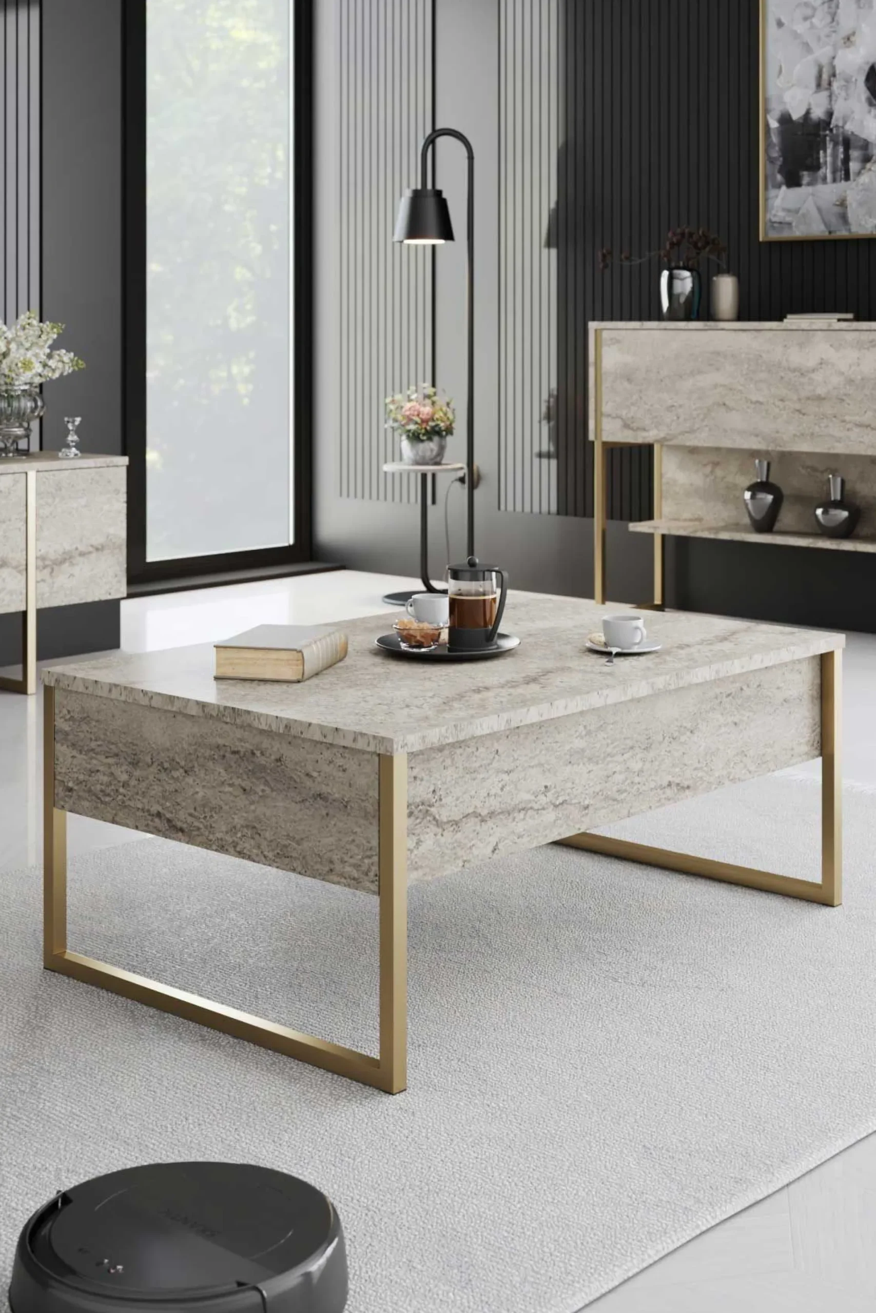 Emob Luxe Couchtisch | 100 % MELAMIN | Travertin, Gold