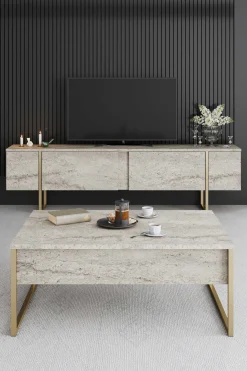 Emob Luxe Couchtisch | 100 % MELAMIN | Travertin, Gold