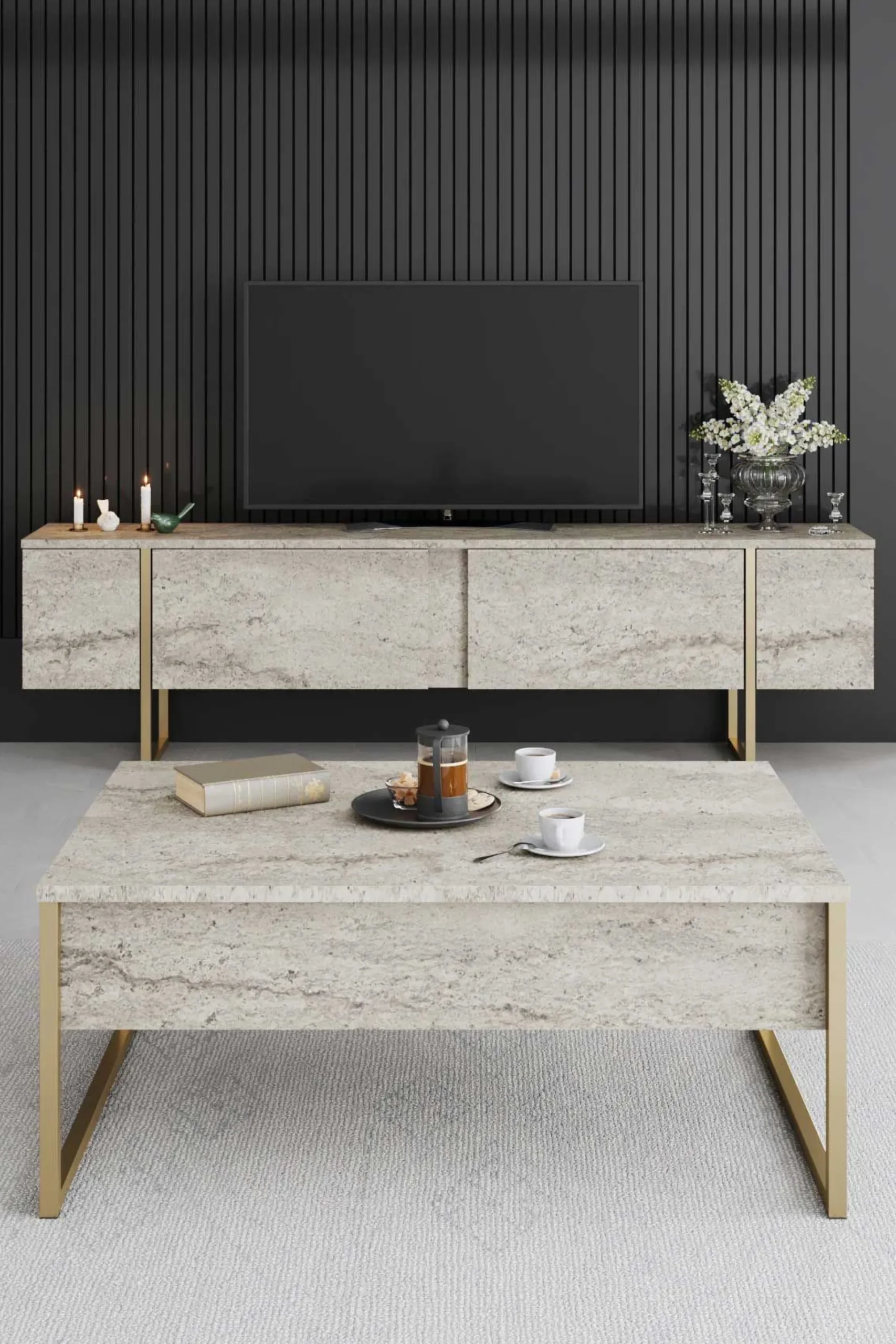 Emob Luxe Couchtisch | 100 % MELAMIN | Travertin, Gold