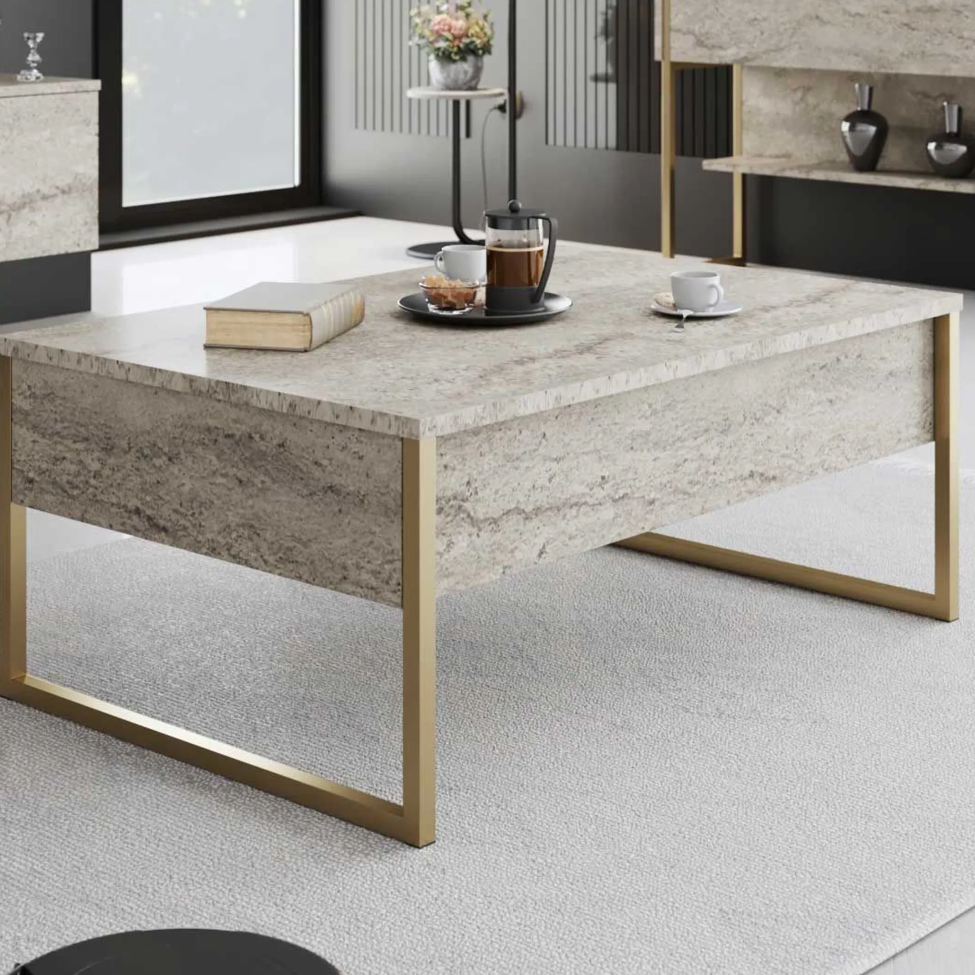 Emob Luxe Couchtisch | 100 % MELAMIN | Travertin, Gold