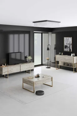 Emob Luxe Couchtisch | 100 % MELAMIN | Travertin, Gold