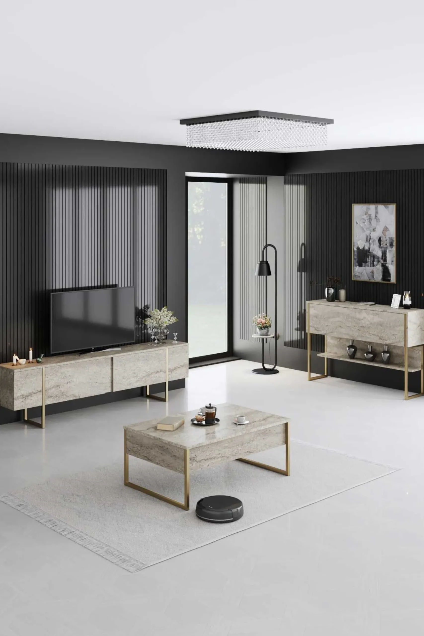 Emob Luxe Couchtisch | 100 % MELAMIN | Travertin, Gold
