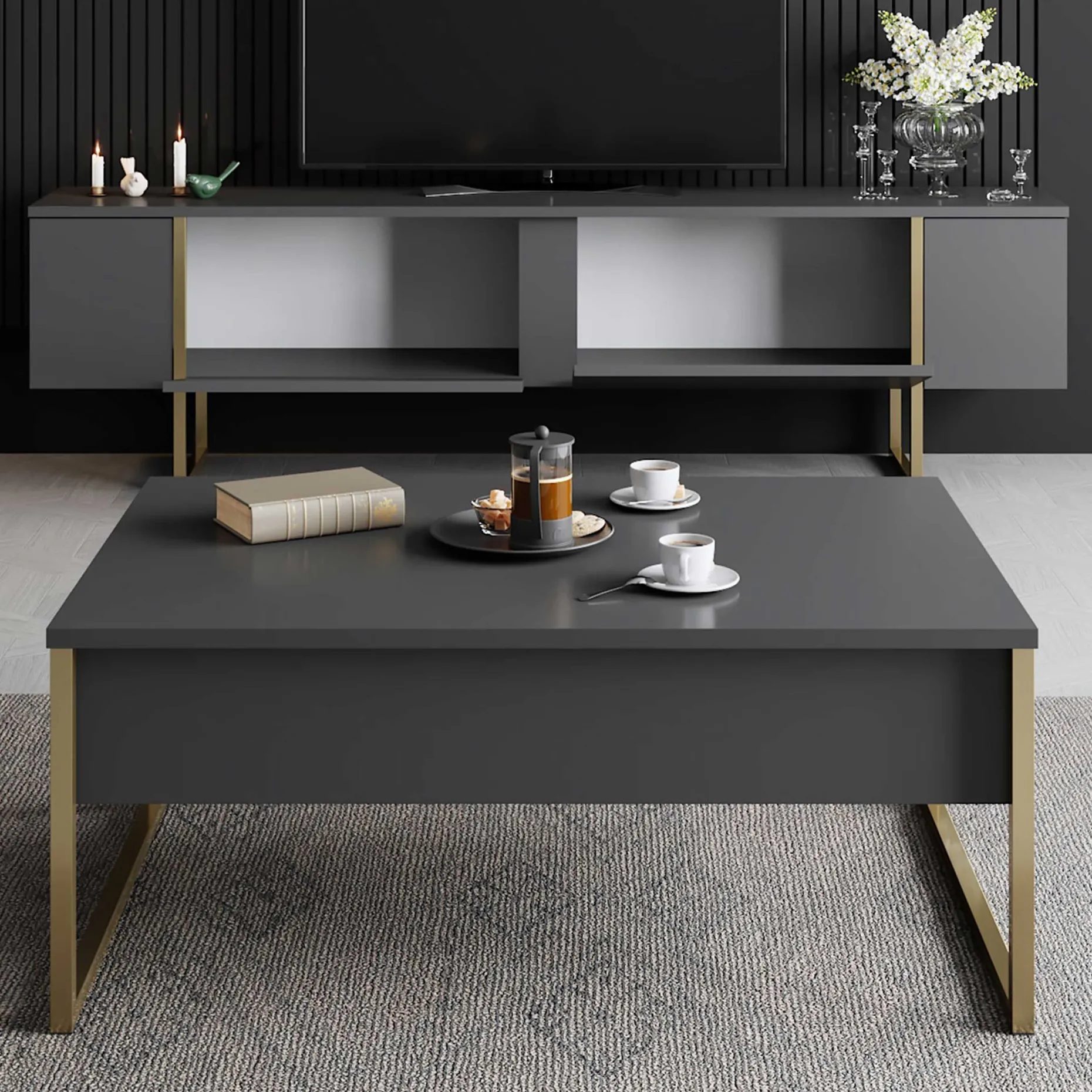 Luxe T TV-Ständer | 100 % MELAMIN | Anthrazit, Gold