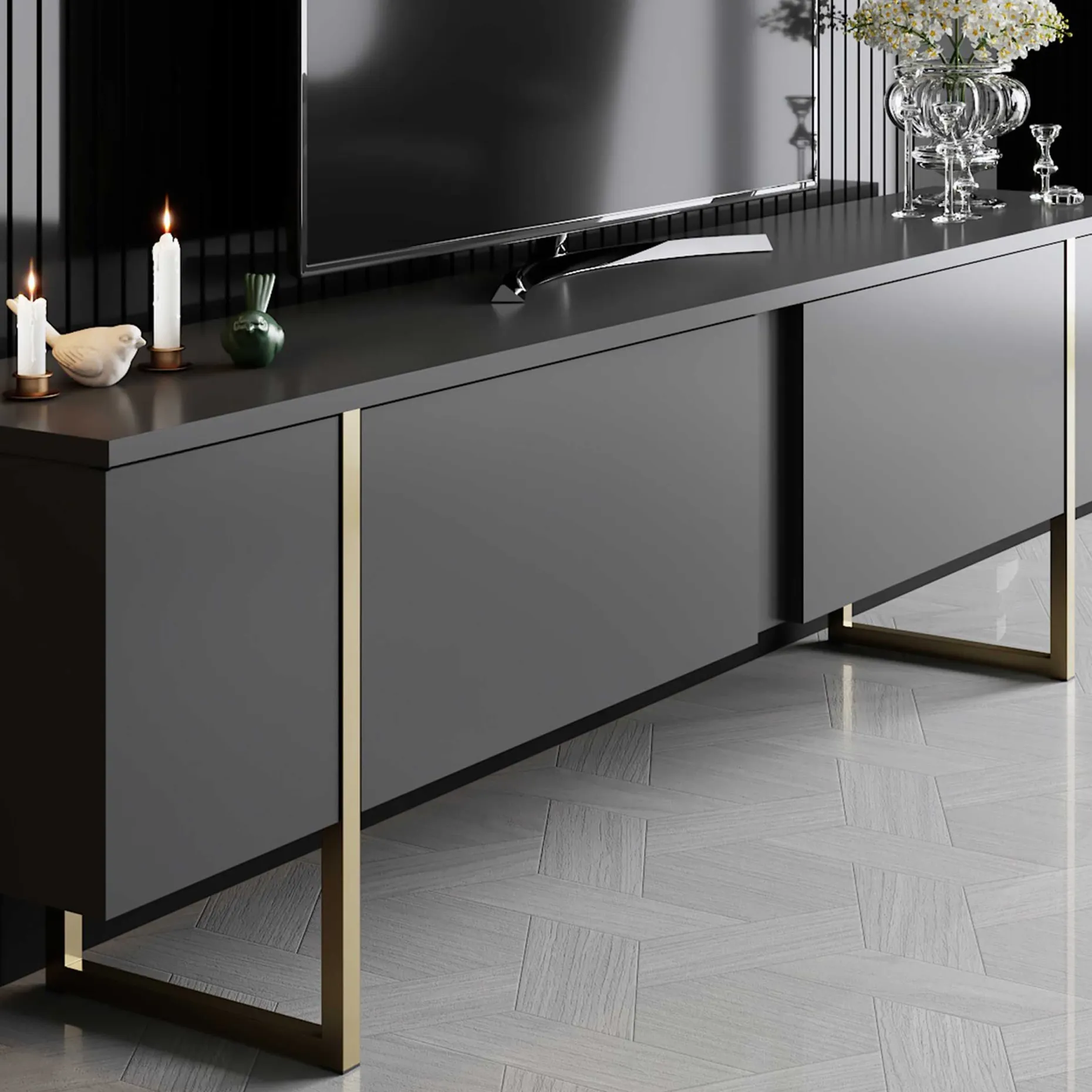 Luxe T TV-Ständer | 100 % MELAMIN | Anthrazit, Gold