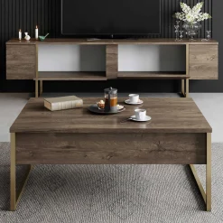 Luxe T TV-Ständer | 100 % MELAMIN | Walnuss, Gold