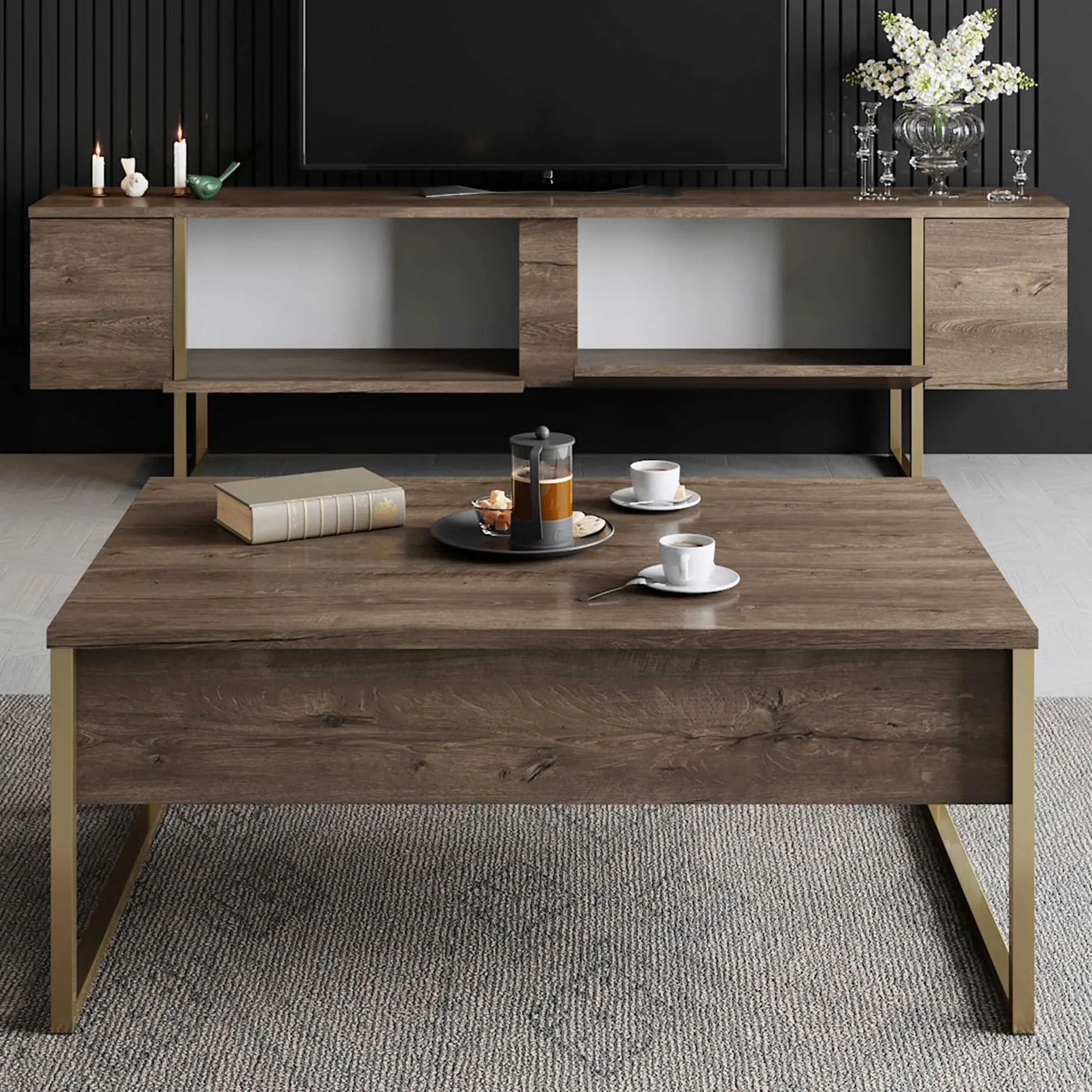 Luxe T TV-Ständer | 100 % MELAMIN | Walnuss, Gold