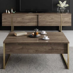Luxe T TV-Ständer | 100 % MELAMIN | Walnuss, Gold