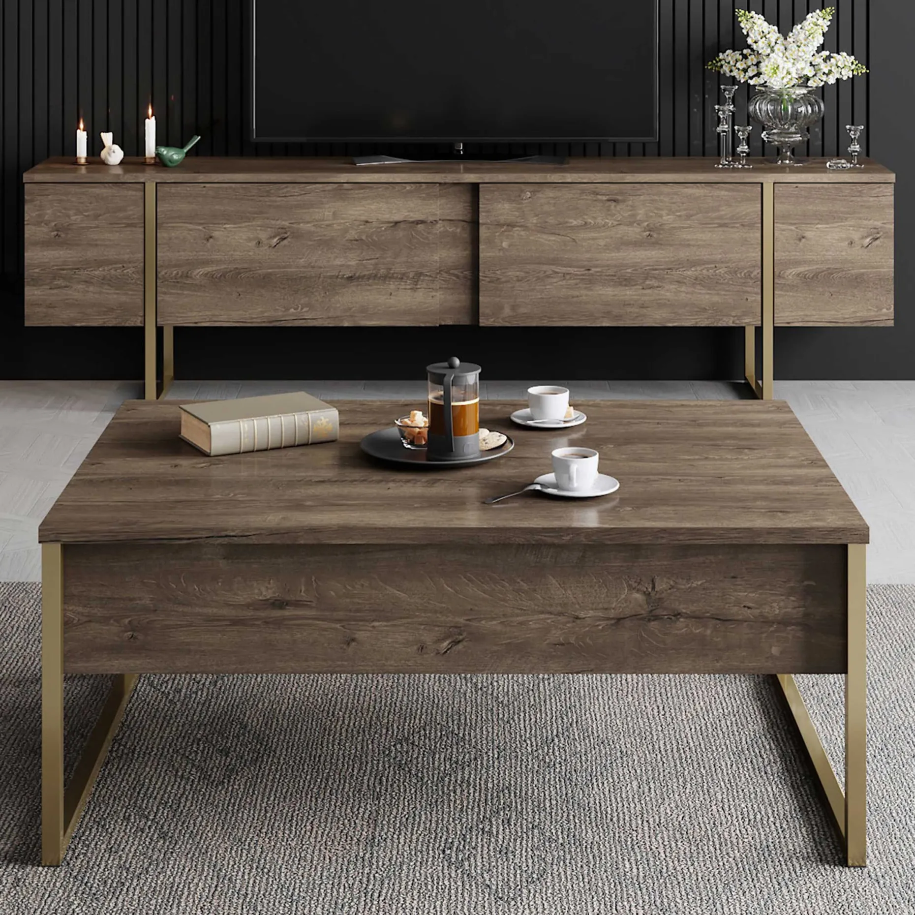 Luxe T TV-Ständer | 100 % MELAMIN | Walnuss, Gold