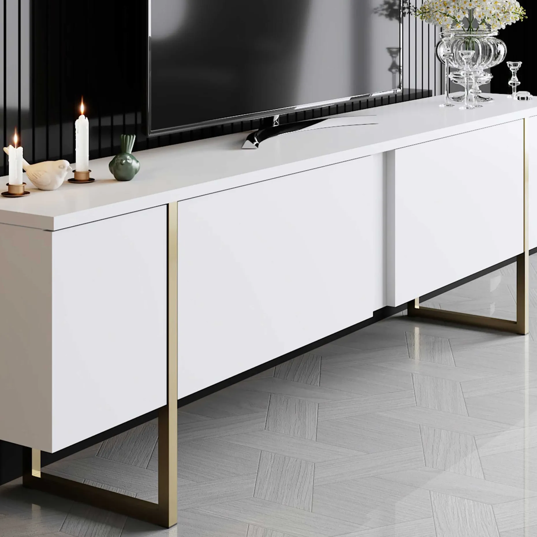 Luxe T TV-Ständer | 100 % MELAMIN | Weiß, Gold