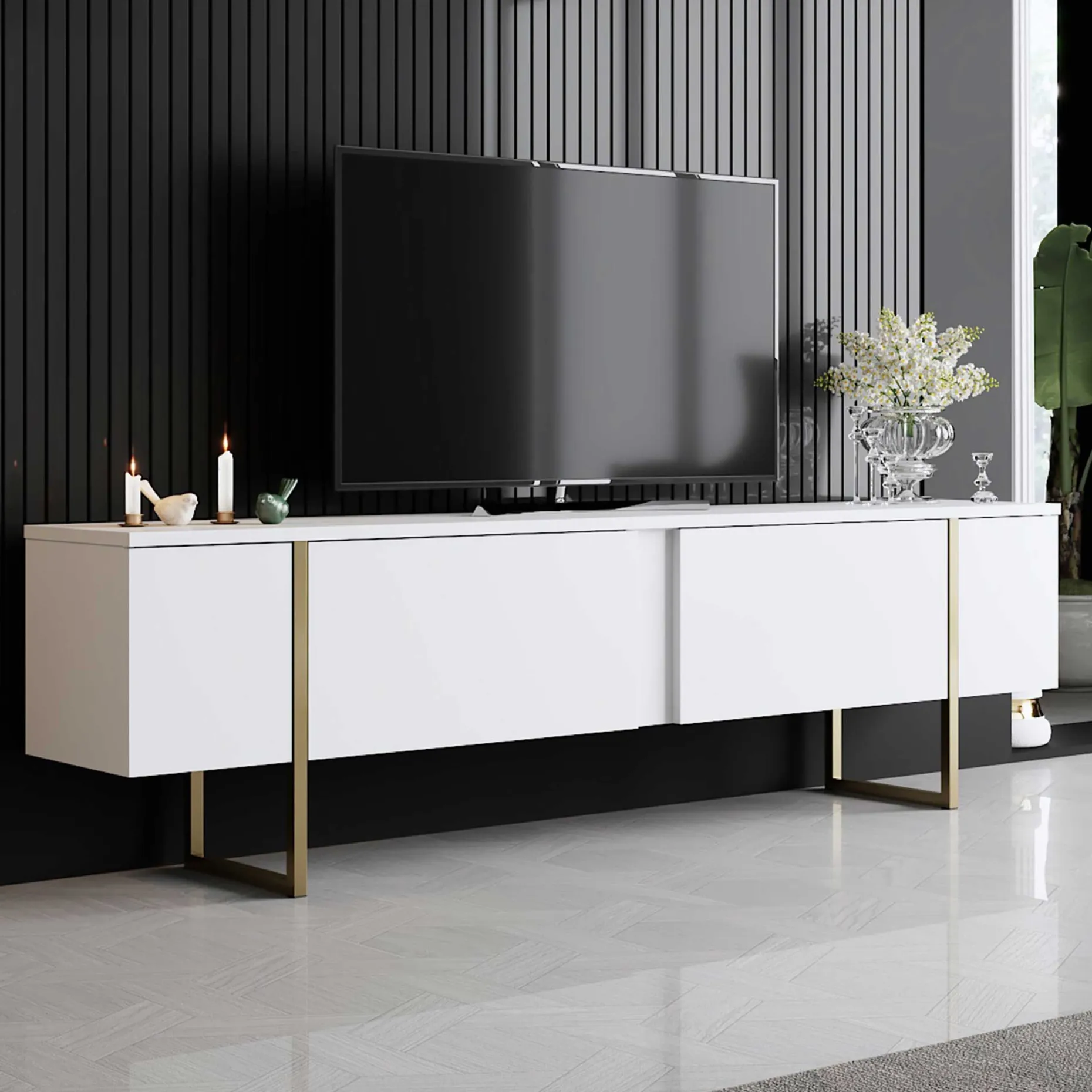 Luxe T TV-Ständer | 100 % MELAMIN | Weiß, Gold
