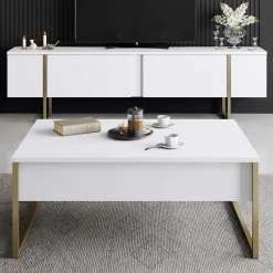 Luxe T TV-Ständer | 100 % MELAMIN | Weiß, Gold