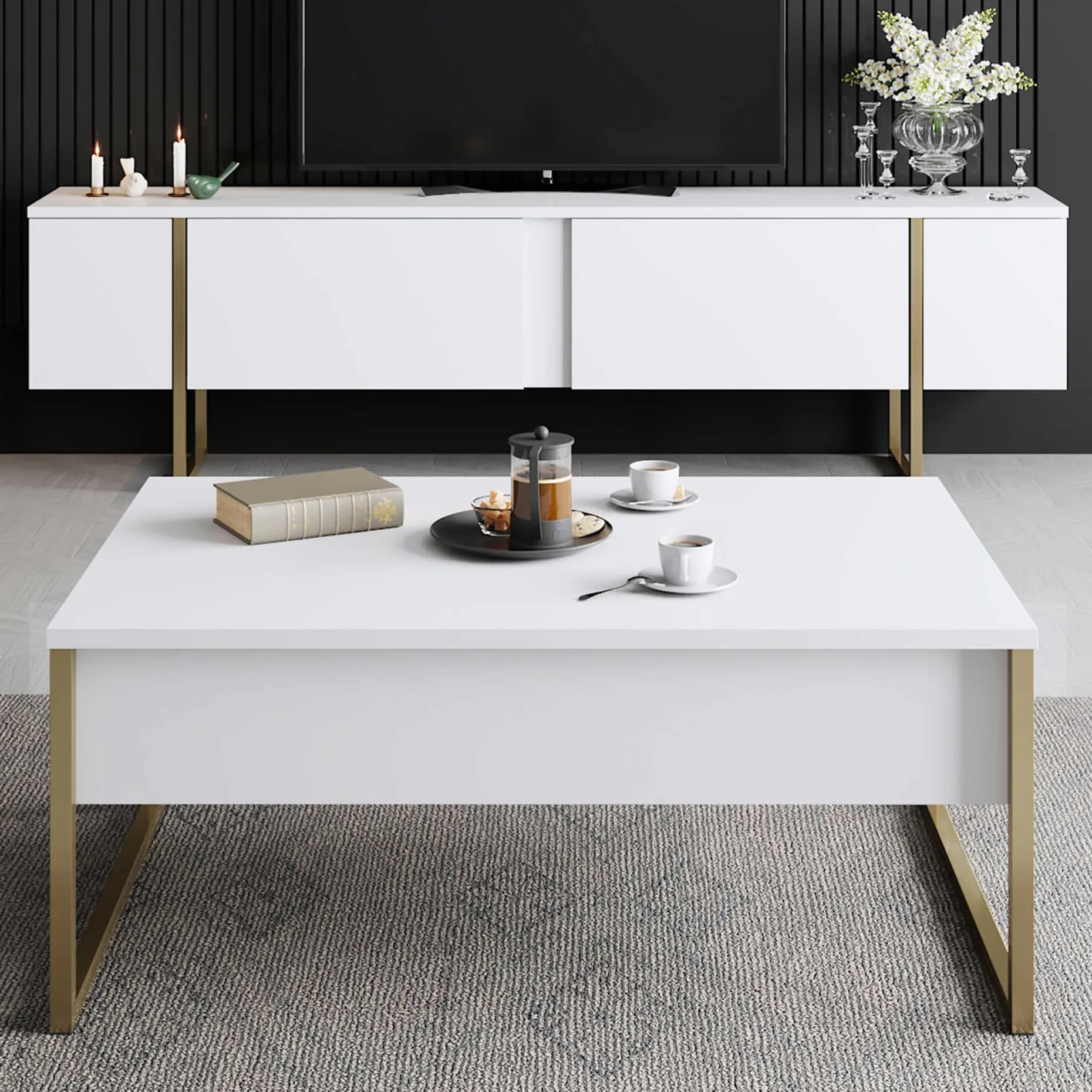 Luxe T TV-Ständer | 100 % MELAMIN | Weiß, Gold