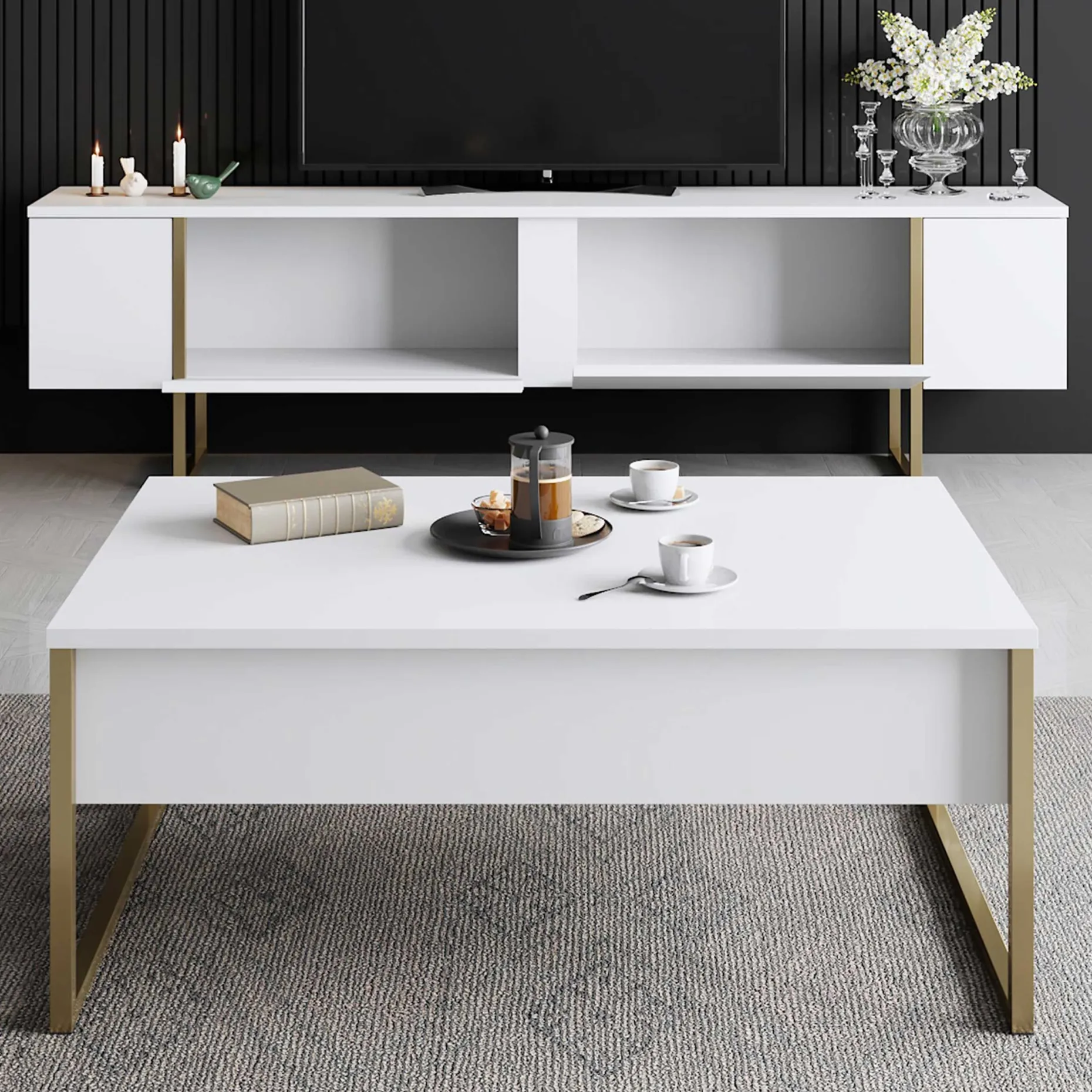 Luxe T TV-Ständer | 100 % MELAMIN | Weiß, Gold