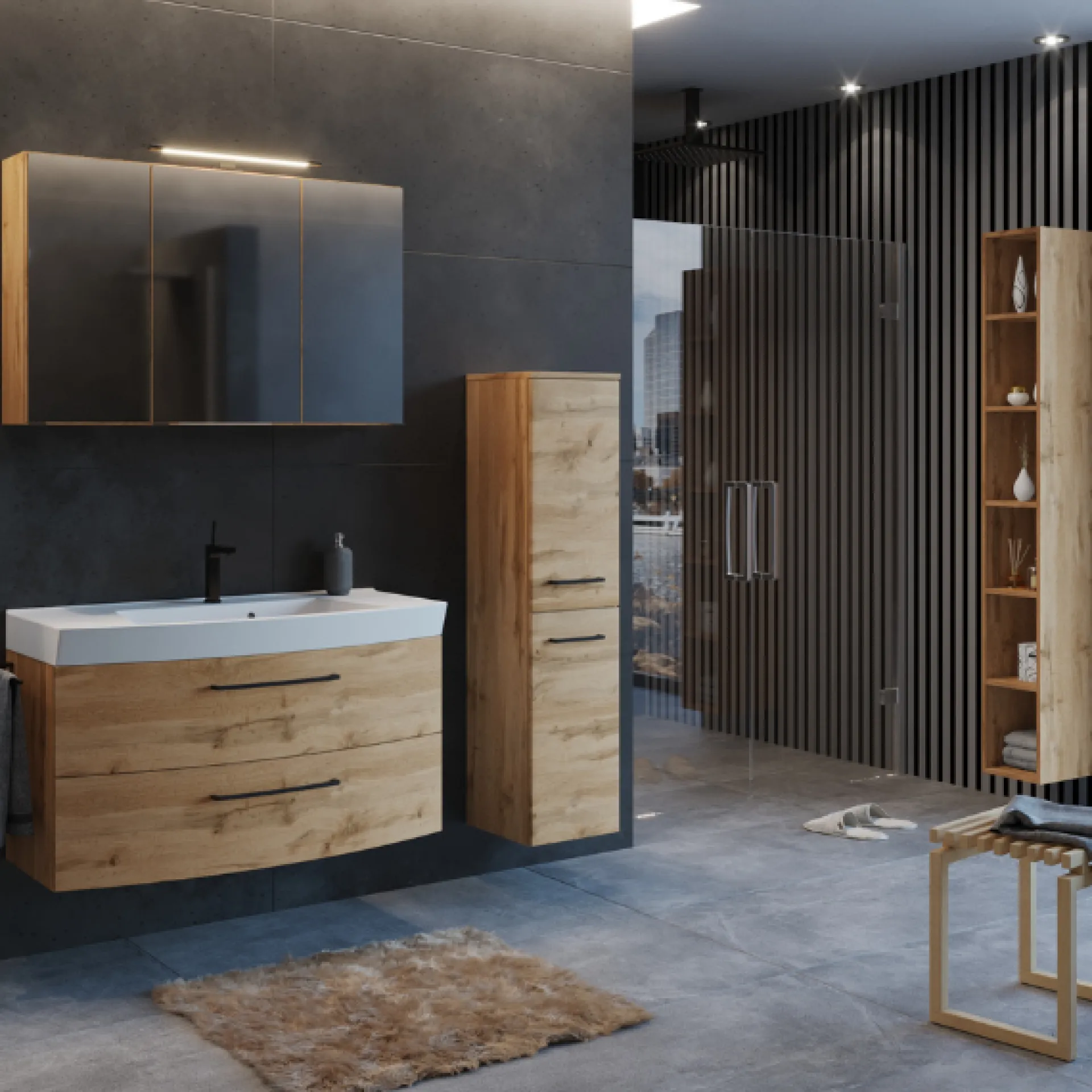 Held MalvoBadezimmer : Spiegelschrank, Waschtischschrank, Säulenschrank, Regal - Eiche