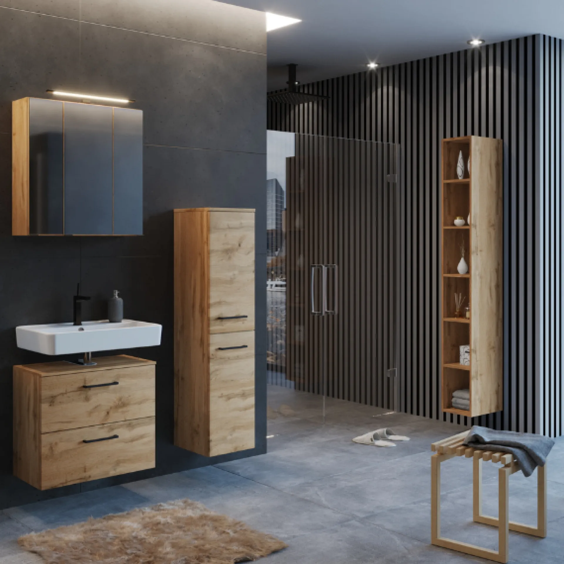 Held MalvoBadezimmer : Spiegelschrank, Waschbeckenunterschrank, Säulenschrank, Regal - Eiche