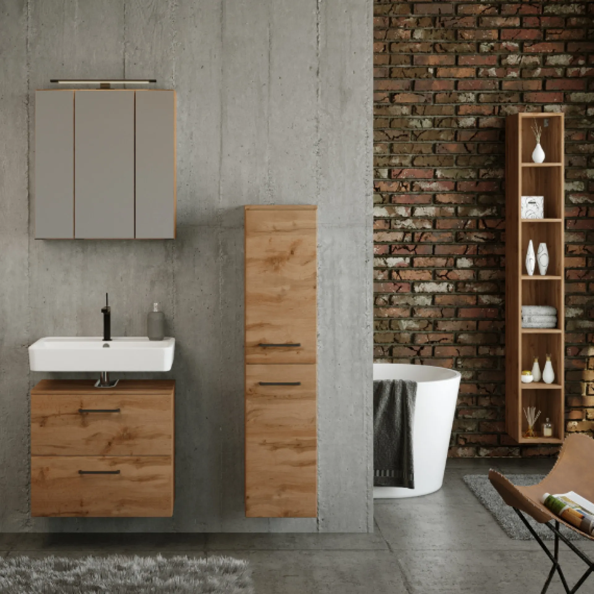 Held MalvoBadezimmer : Spiegelschrank, Waschbeckenunterschrank, Säulenschrank, Regal - Eiche