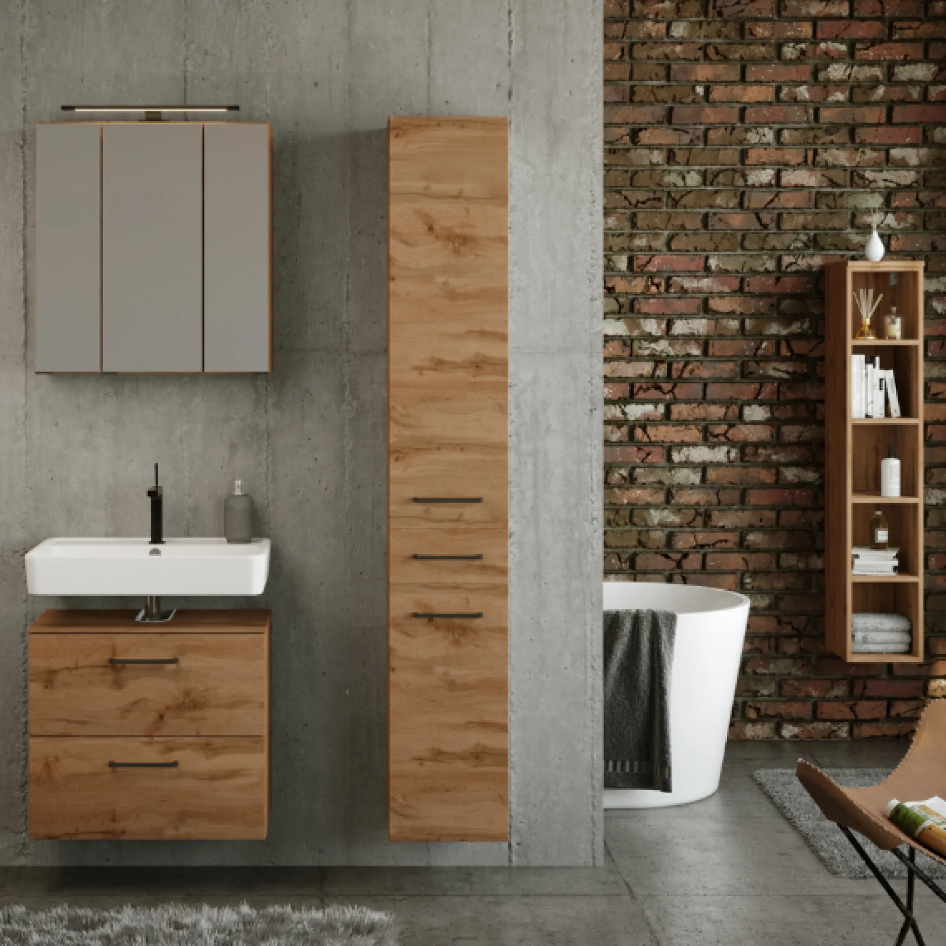 Held MalvoBadezimmer : Spiegelschrank, Waschbeckenunterschrank, Säulenschrank, Regal - Eiche