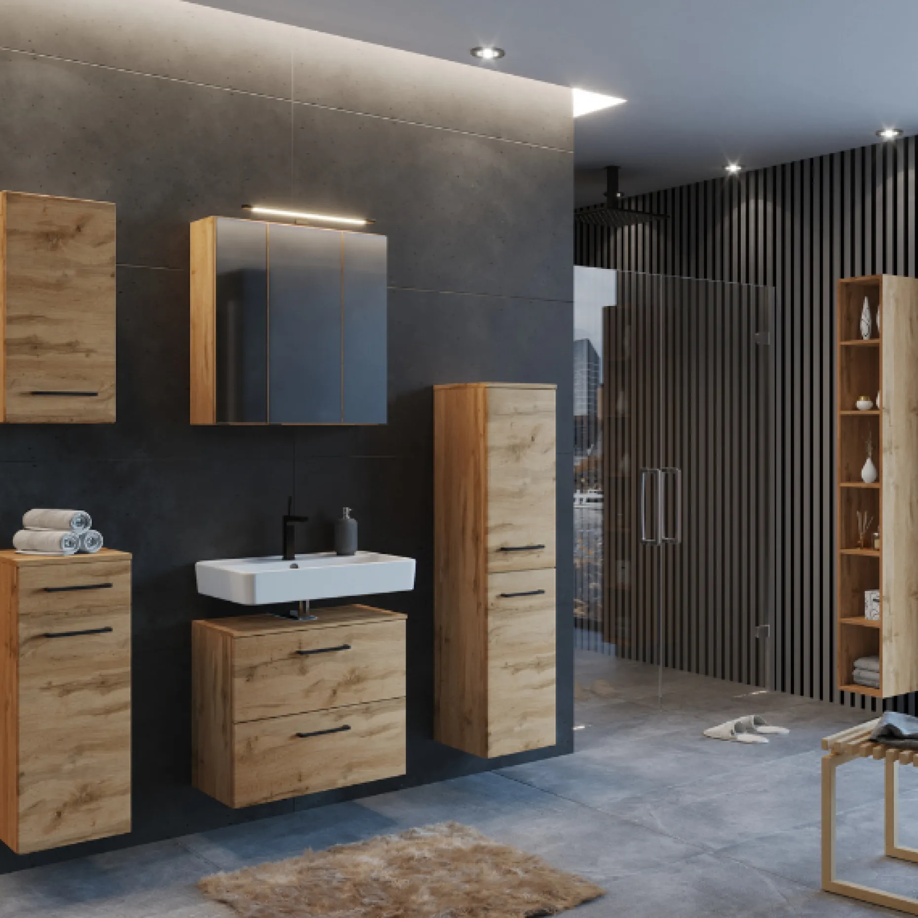 MalvoBadezimmer : Wandschränke, Spiegelschrank, Waschbeckenunterschrank, Säulenschrank, Regal - Eiche