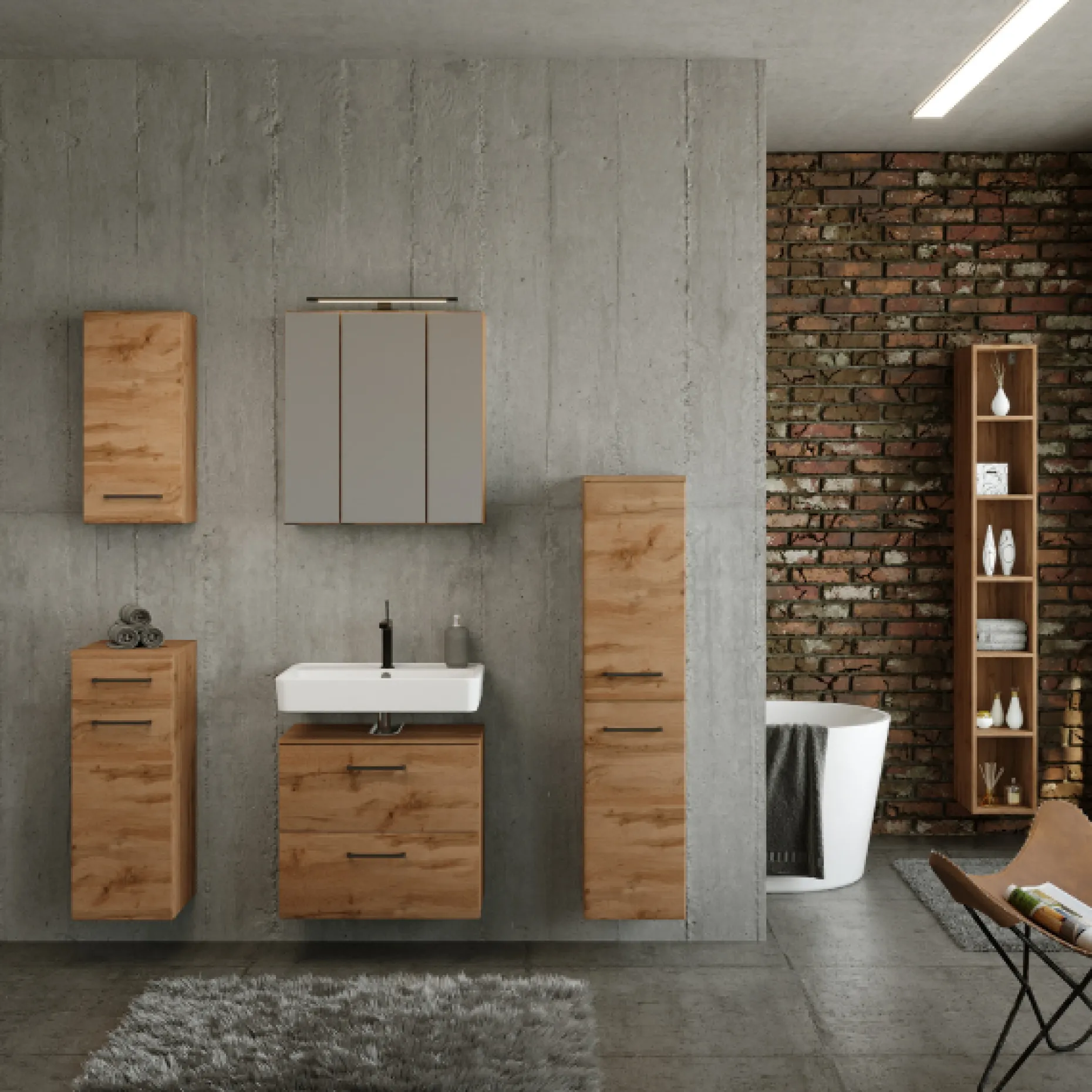 MalvoBadezimmer : Wandschränke, Spiegelschrank, Waschbeckenunterschrank, Säulenschrank, Regal - Eiche