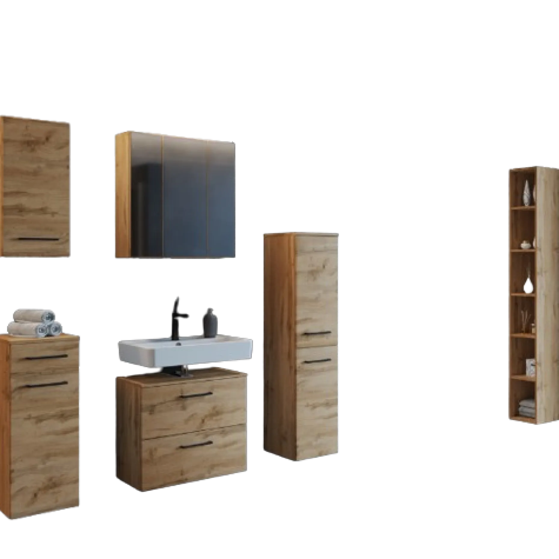 MalvoBadezimmer : Wandschränke, Spiegelschrank, Waschbeckenunterschrank, Säulenschrank, Regal - Eiche