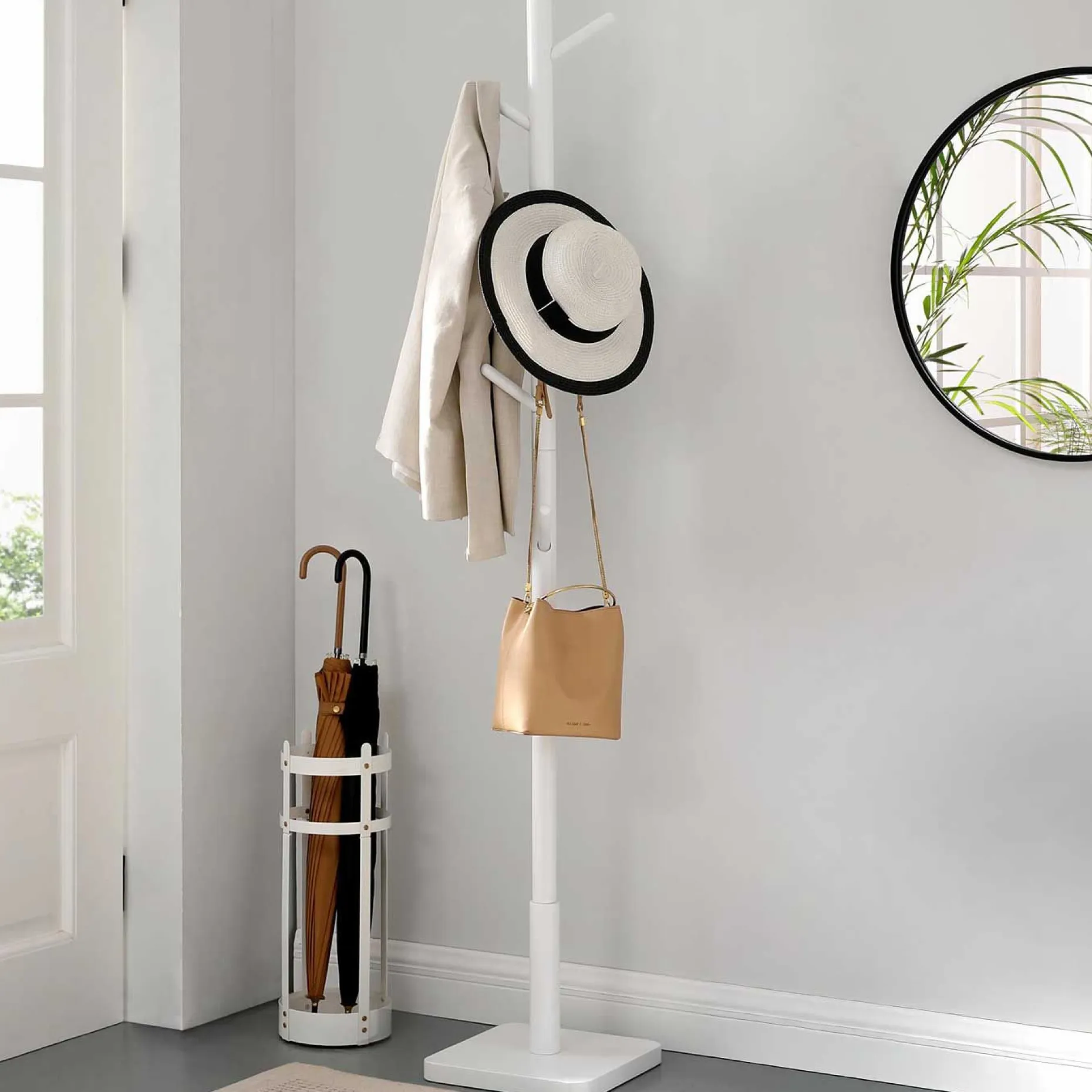 Massivholz Kleiderständer - 8 Haken für Mäntel, Hüte, Taschen - Eingang, Flur - Weiß