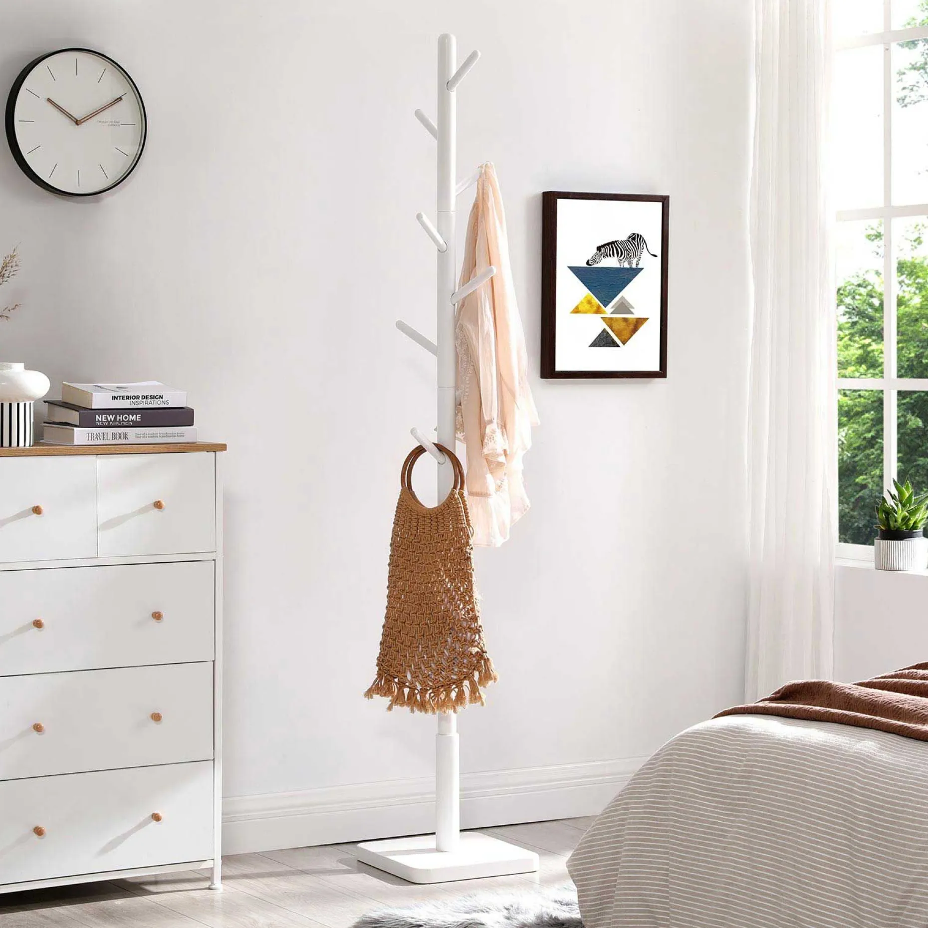 Massivholz Kleiderständer - 8 Haken für Mäntel, Hüte, Taschen - Eingang, Flur - Weiß