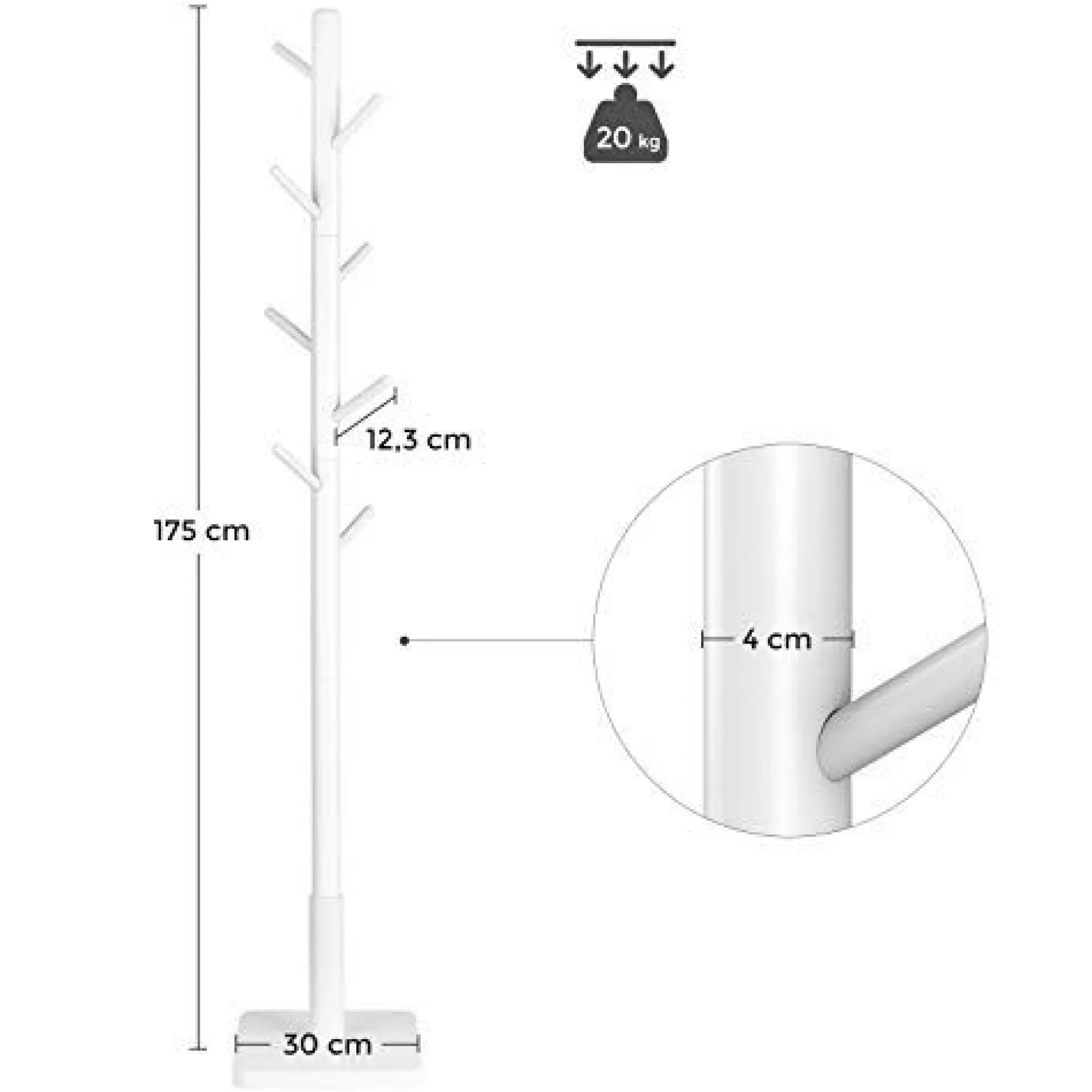 Massivholz Kleiderständer - 8 Haken für Mäntel, Hüte, Taschen - Eingang, Flur - Weiß