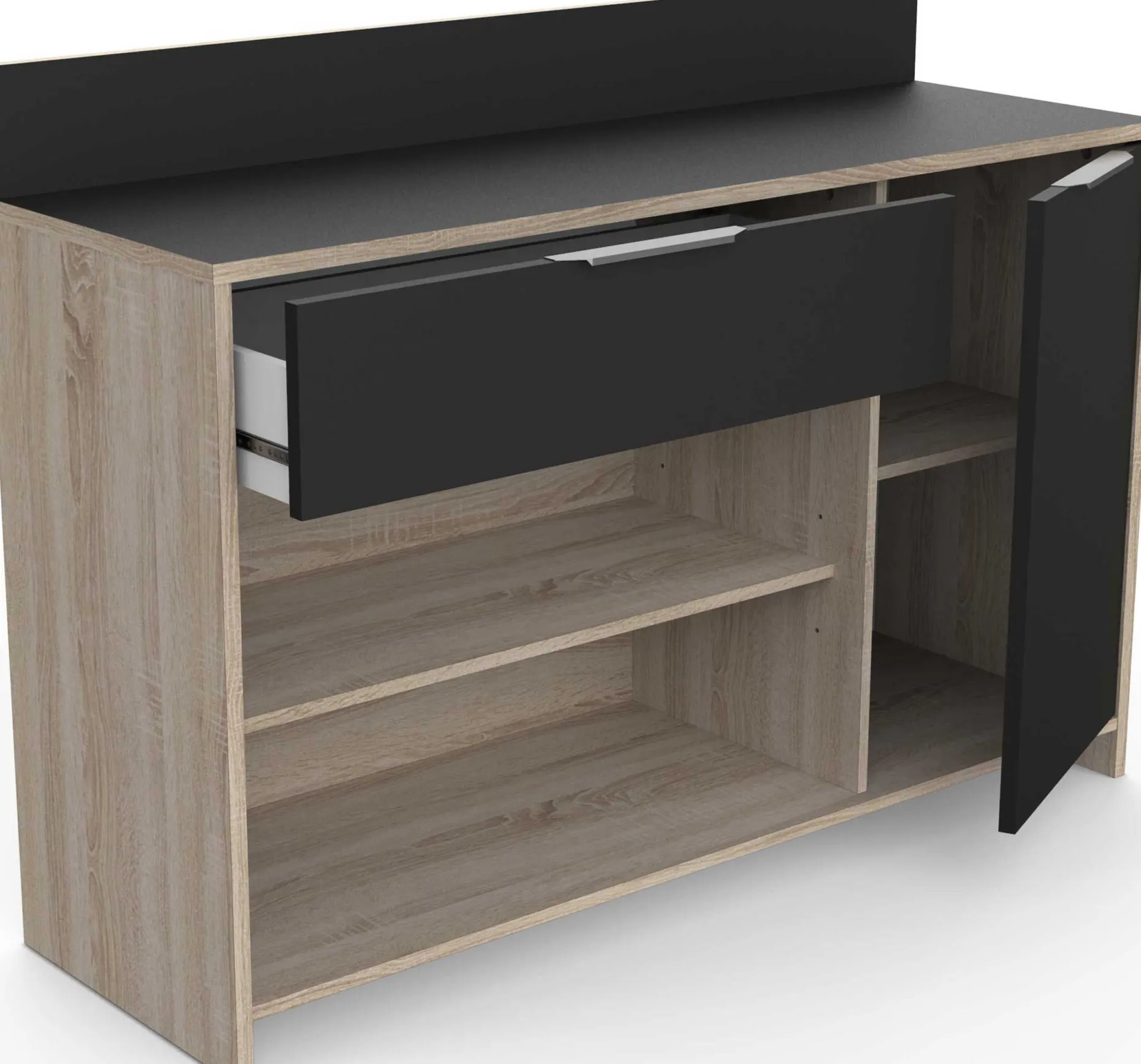 Mikrowellenschrank Michael 1 Schublade, 2 offene Fächer, 1 Flügeltür und 1 Einlegeboden-robuste Eiche/schwarz