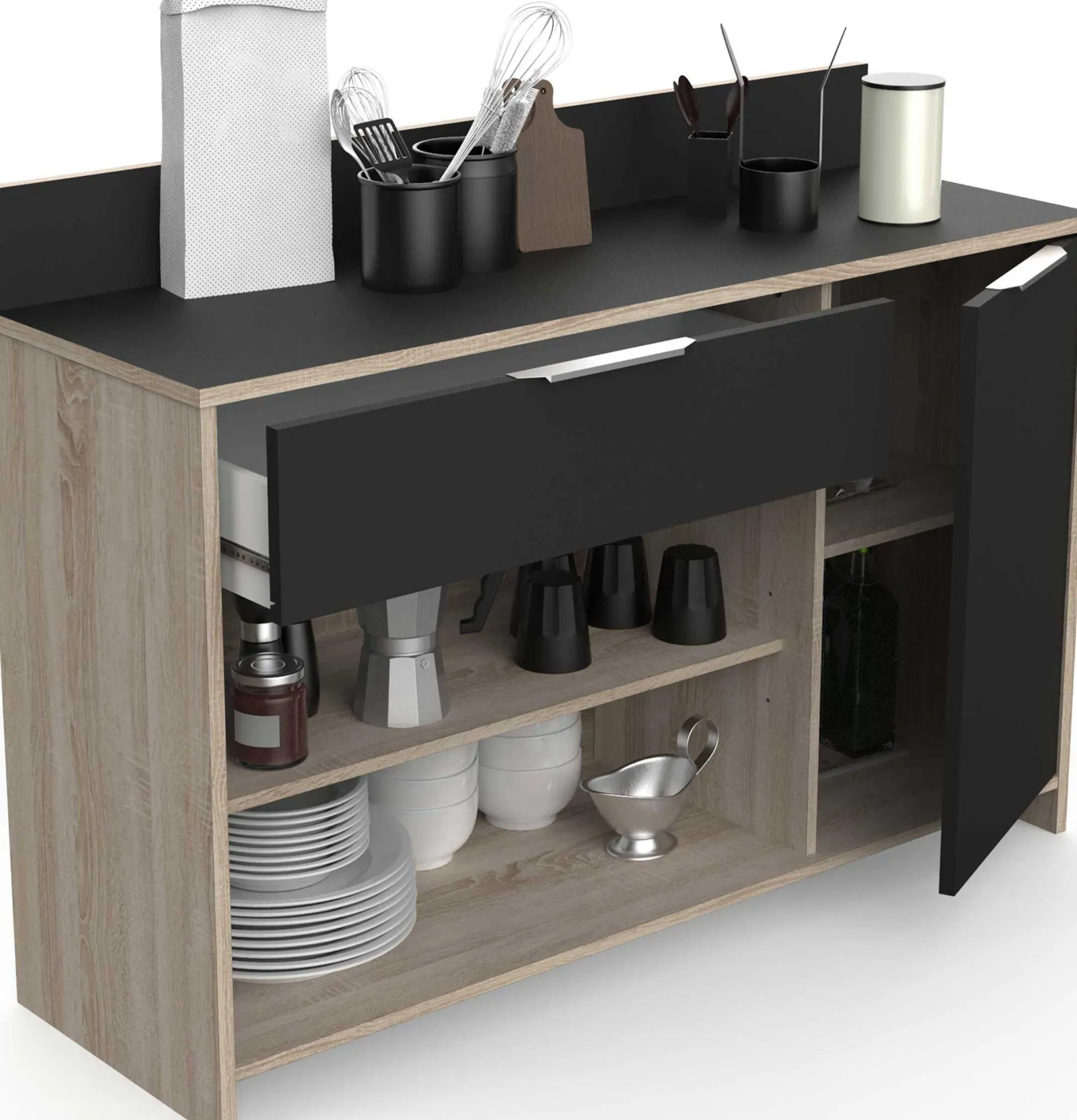 Mikrowellenschrank Michael 1 Schublade, 2 offene Fächer, 1 Flügeltür und 1 Einlegeboden-robuste Eiche/schwarz