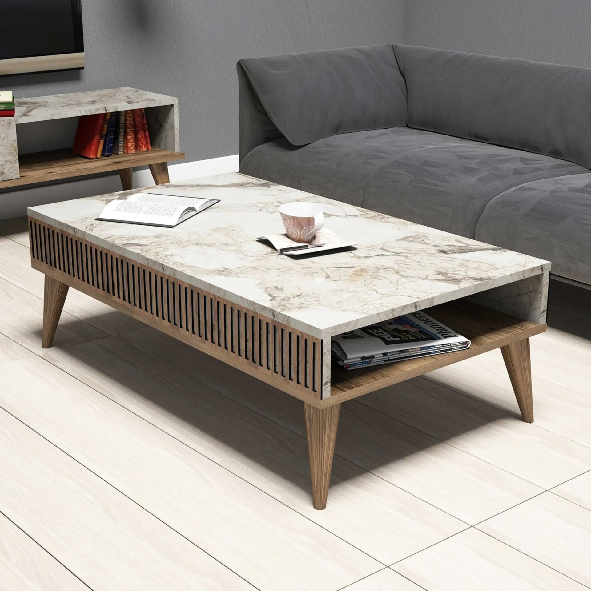 Emob Milan Couchtisch | 100 % MELAMIN | Walnuss Weiß