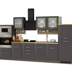 Held Milan E-Zeile 330 Küchenzeile mit Mikrowelle/Induktion - Hochglanz /Graphit/Eiche Sonoma