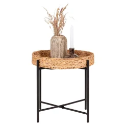 House Nordic Moderner Naro Beistelltisch - Schwarz/Natur | Wasserhyazinthe/Metall, Ø50x48,5cm