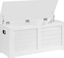Moderne weiße Aufbewahrungstruhe mit 2 Sicherheitsscharnieren, Schuhaufbewahrungsbank, 40x100x46cm