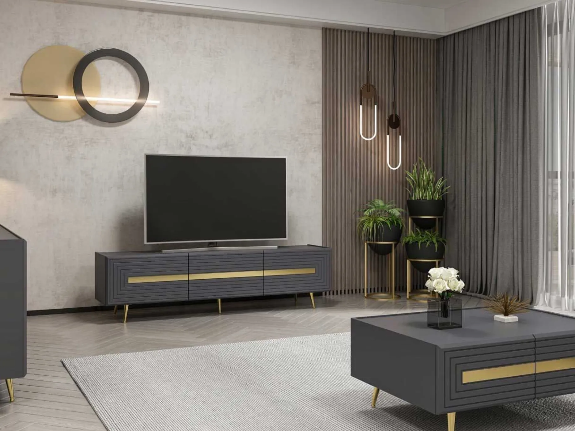 Modisches TV-Element Woody - Anthrazit Gold